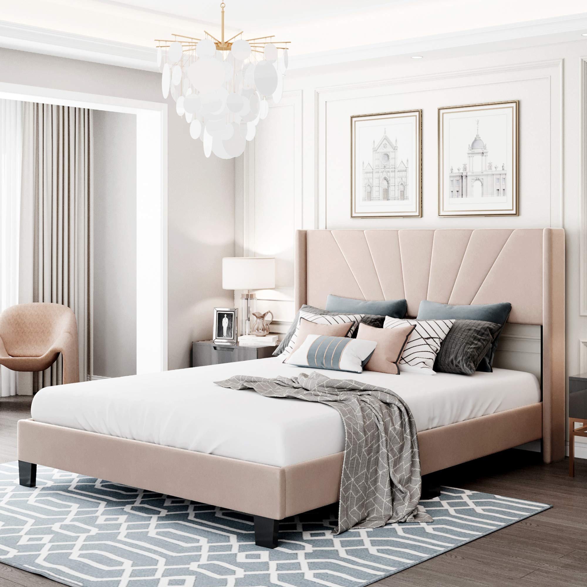 P PURLOVE Queen Velvet Upholstered Platform Bed Frame with Headboard - No Box Spring Needed, Beige Luxury Bedroom Furniture for Master Bedroom & Guest Room