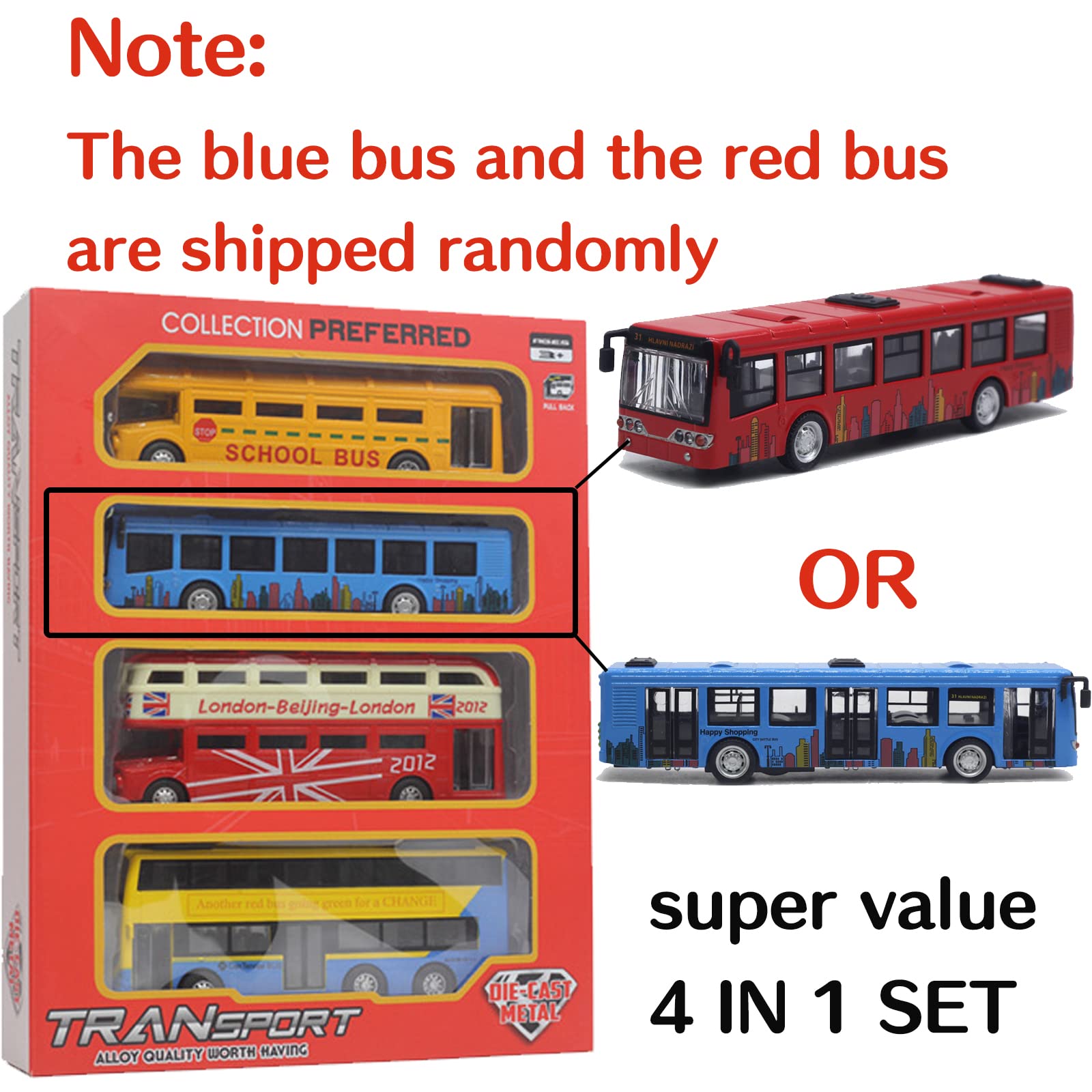 OTONOPI Pull Back School Bus Toy Set - 4 Pack Double Decker London City Tour Vehicles, Die Cast Metal Friction Powered Toy Cars for Kids | Perfect for Pretend Play, Travel Adventures & Collectible Display