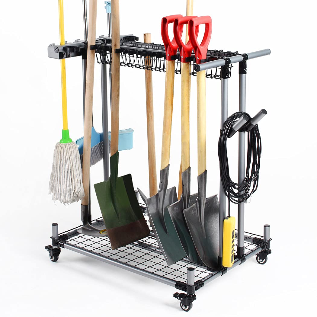 Heavy Duty Metal Garage Storage Holder - Large Long Lawn Tool Organizer Rack for Garden & Yard Tools | Sturdy Mobile Cart for Efficient Tool Storage & Organization | Perfect for Garage, Shed, or Outdoor Workspace