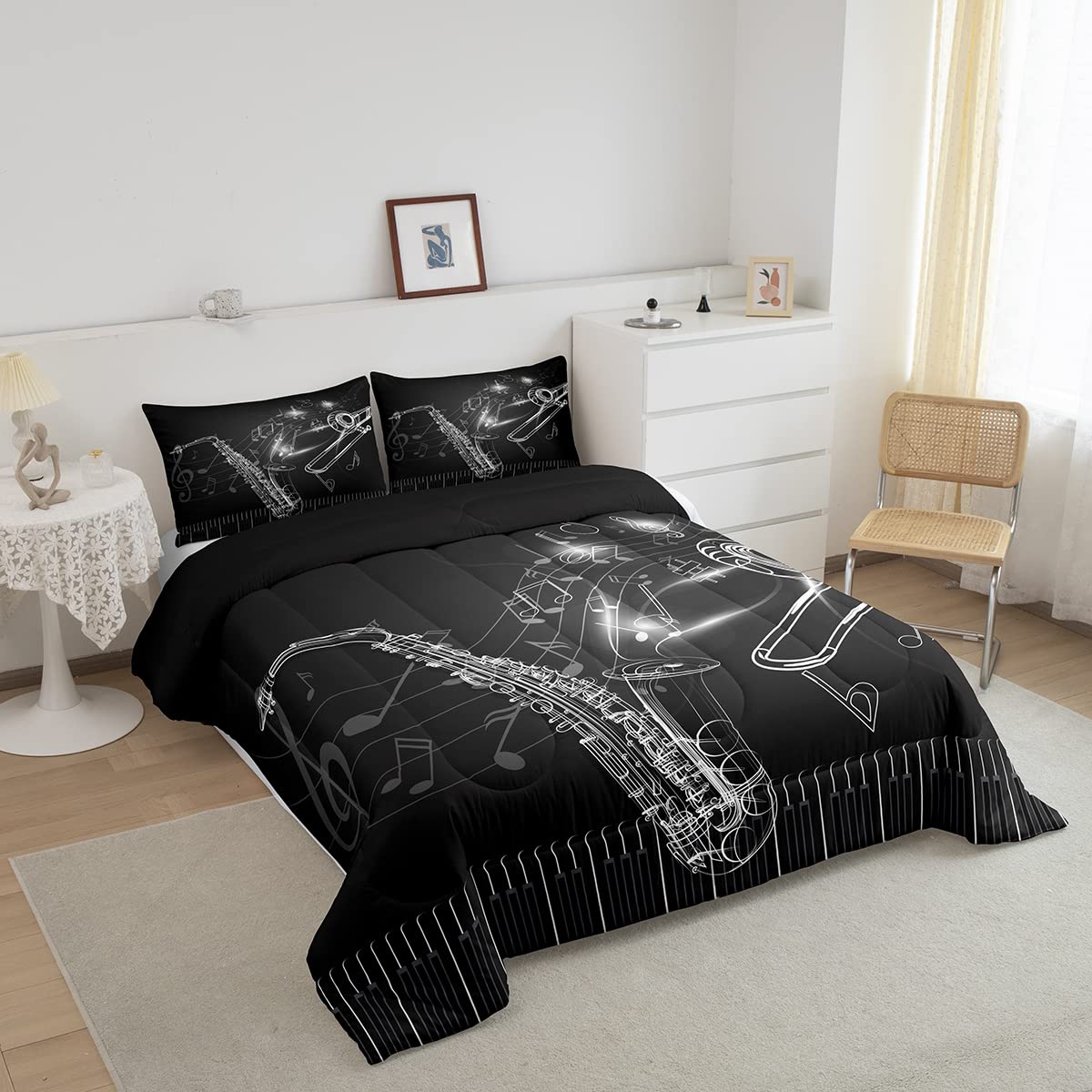 Jazz Music Instrument Comforter Set - Saxophone, Trombone & Piano Keys Design, Full Size Bedding for Kids & Teens | Boys & Girls Musical Theme Duvet Cover | Perfect for Music Lovers' Bedroom Decor & Gift