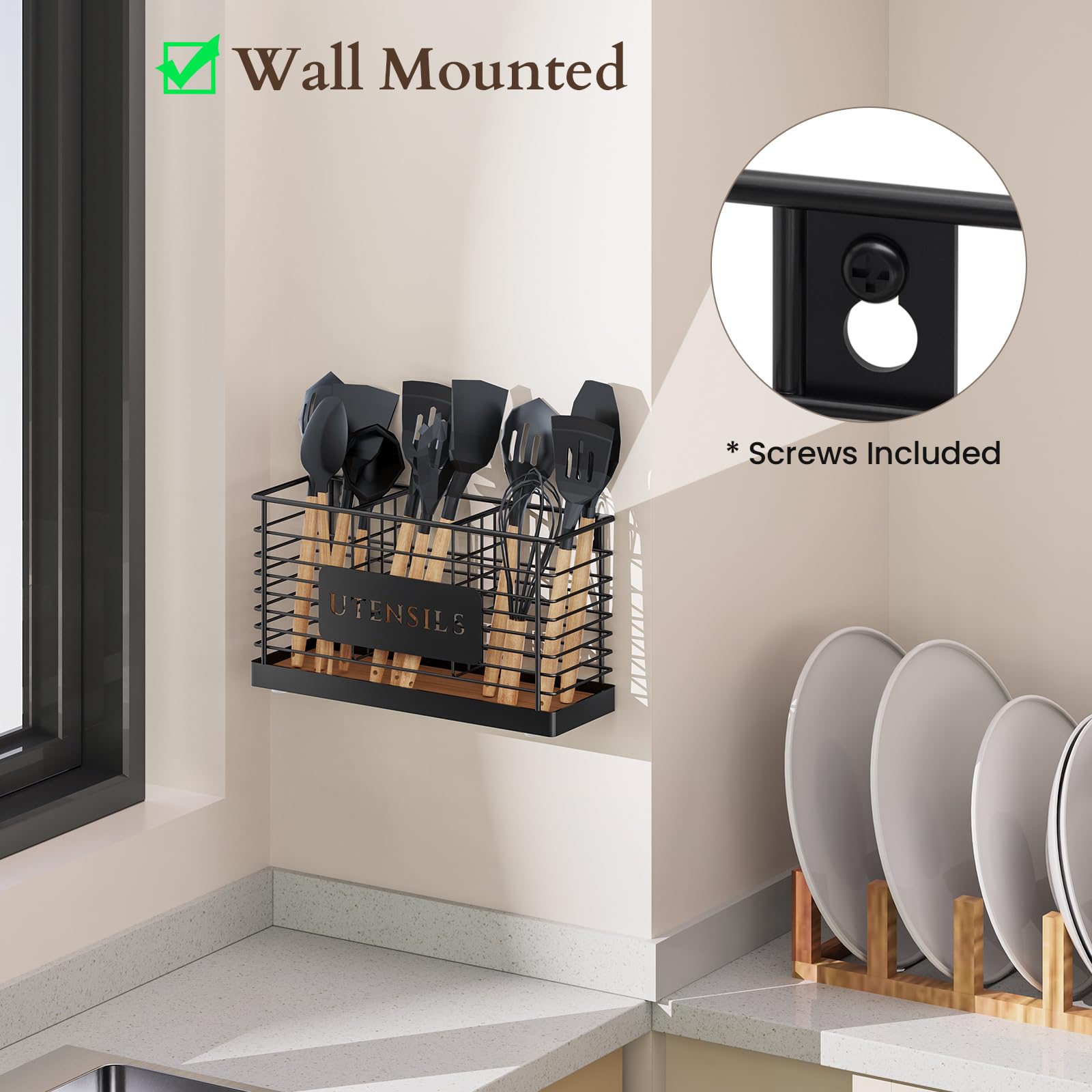 THYGIFTREE Large Black Metal Utensil Holder for Kitchen Counter - 3 Compartment Cooking Tool Organizer with Wood Base | Perfect for Spatulas, Ladles & Kitchen Utensils - Ideal for Countertop Organization & Easy Access While Cooking