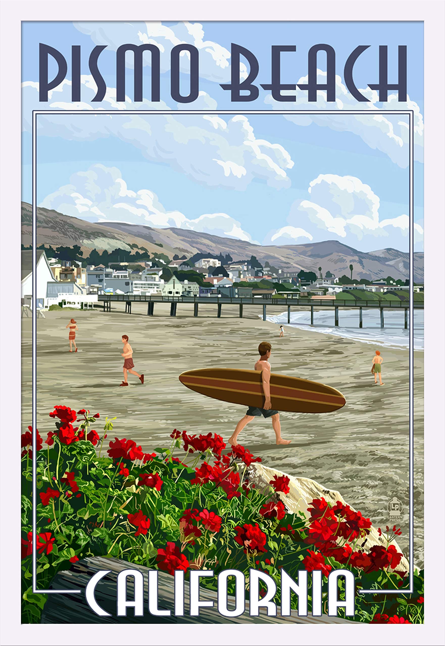 California Beach Art Print - Pismo Beach Surfer Scene 24x36 Giclee Gallery Framed White Wood - Perfect for Coastal Home Decor & Surfing Enthusiasts