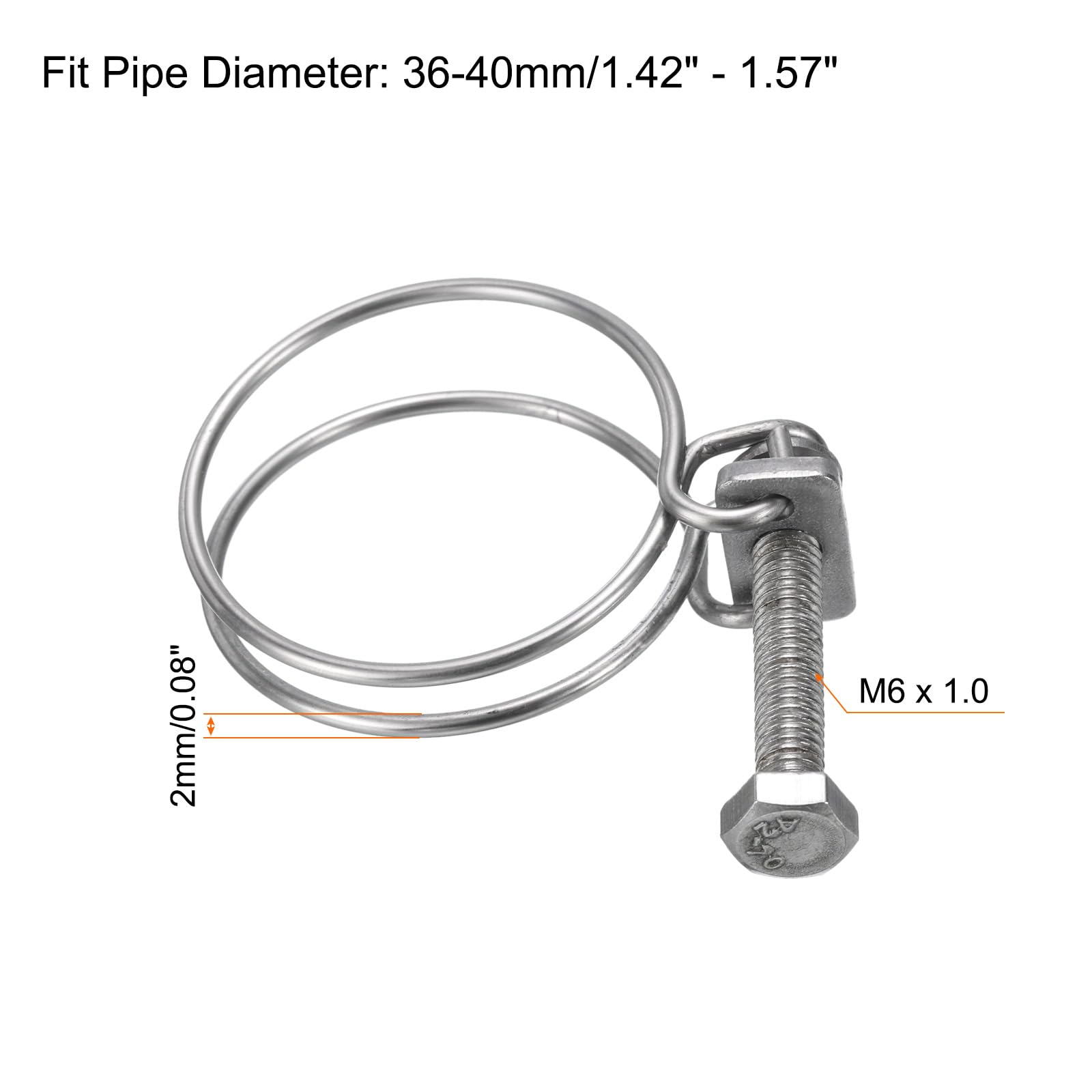 uxcell 6Pcs Stainless Steel Adjustable Double Wire Hose Clamps 36-40mm with M6 Bolt - for Dust Collection, Pump, Pipe & Automotive Hoses - Perfect for Home Workshop, Plumbing & Industrial Applications