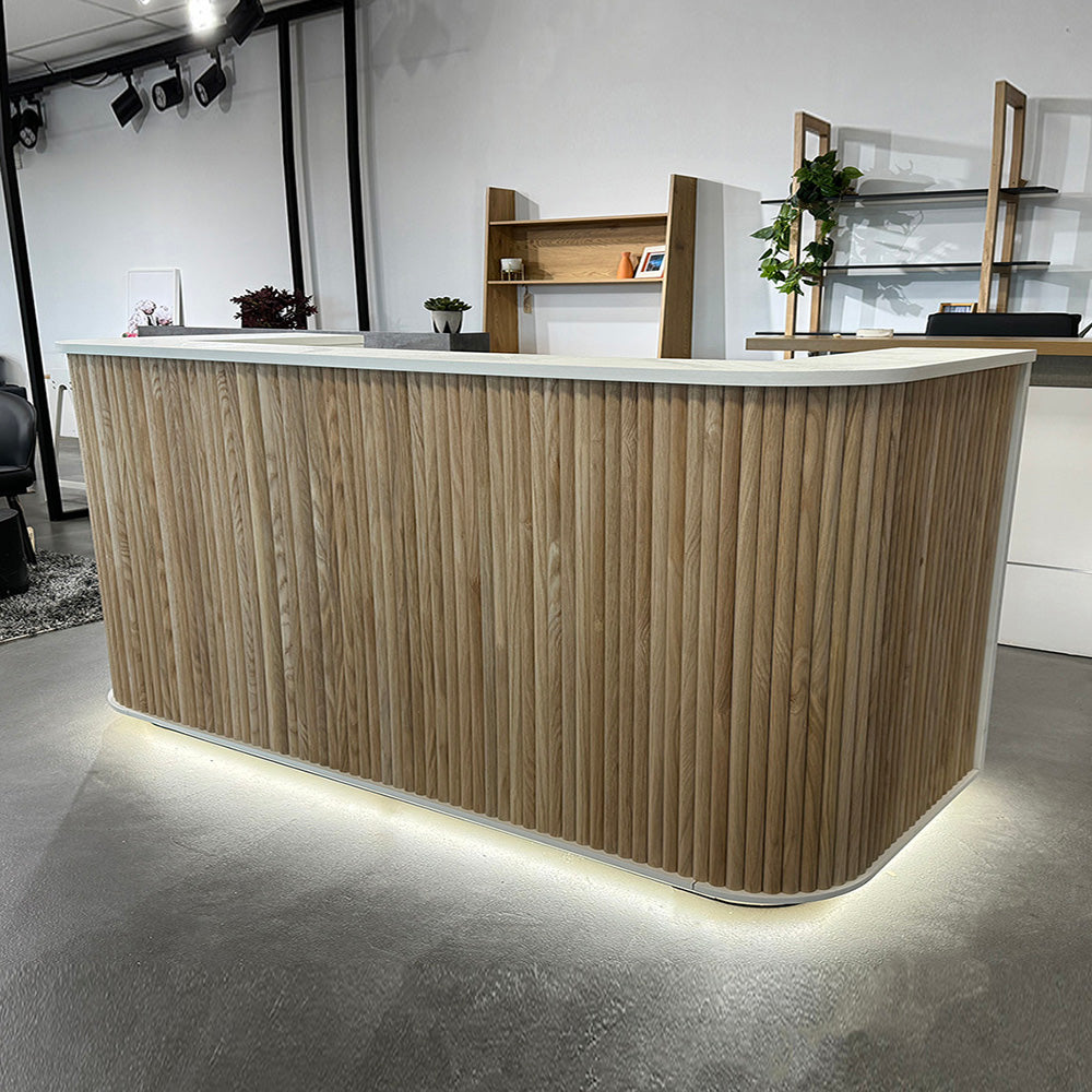 Premium 240cm HALO Reception Desk - Solid Oak & White Finish - Modern Office Furniture for Hotels, Corporate Lobbies & Professional Workspaces