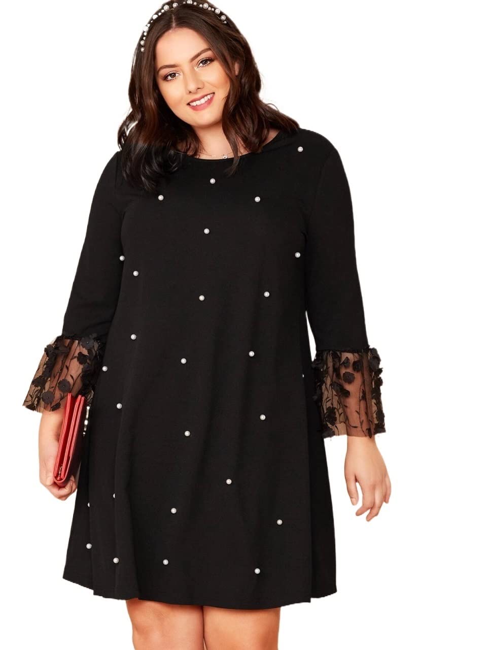INOUJEKER Women's Plus Size Beaded Pearl Applique Mesh Cuff Dress - Black, Large | Elegant Evening Gown for Parties, Weddings & Special Occasions