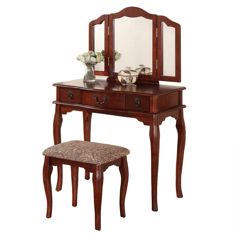 BOWERY HILL Cherry Wood Vanity Set with Mirror - Modern Dressing Table for Bedroom, Bathroom & Makeup Area - Solid Wood Furniture for Women's Beauty & Organizing Essentials