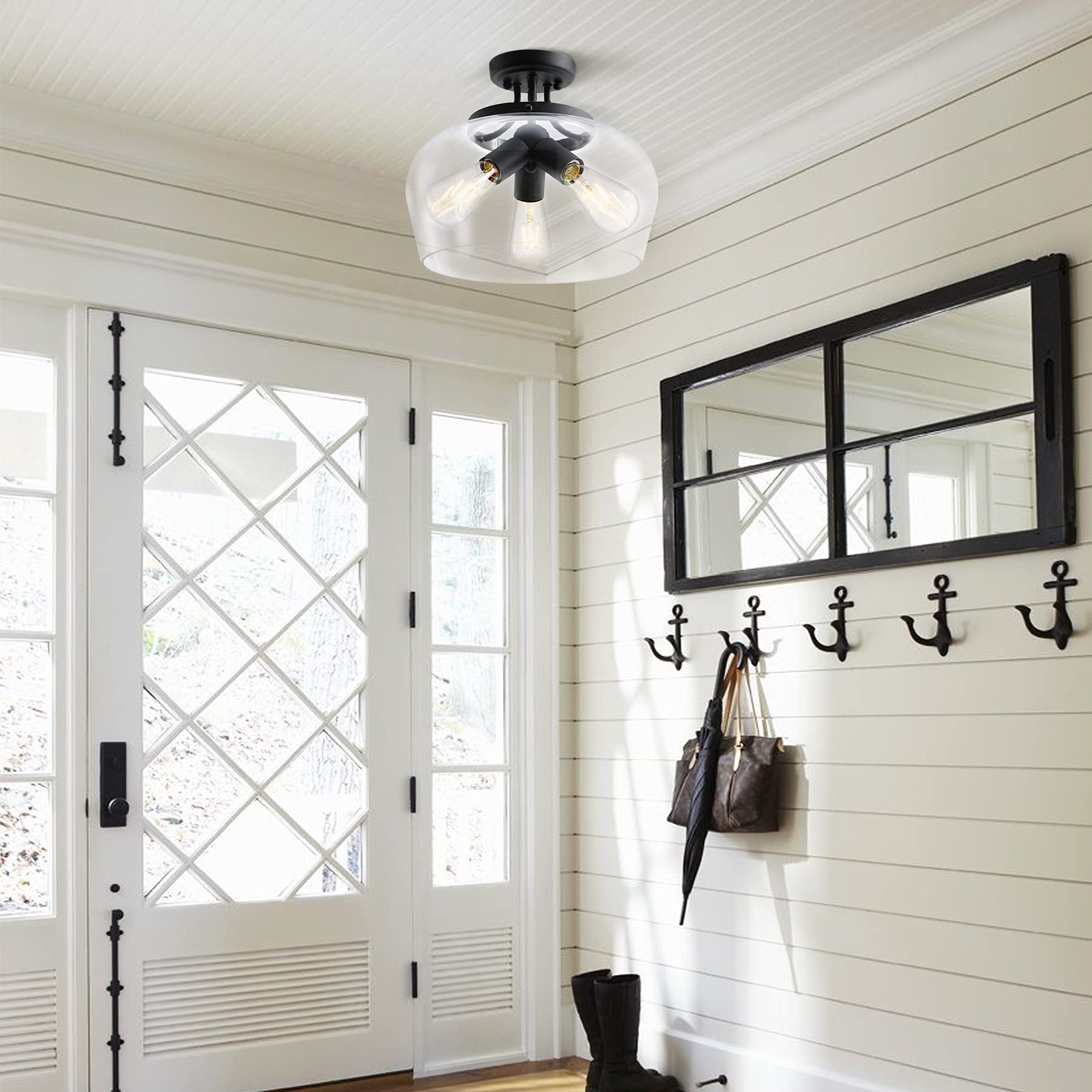 VONLUCE Modern Industrial Clear Glass Shade 3-Light Semi Flush Mount Ceiling Fixture, 35cm Matte Black Pendant Light for Kitchen Island, Dining Room, Bedroom, Hallway & Living Room - Perfect for Ambient Lighting in Modern Homes and Commercial Spaces