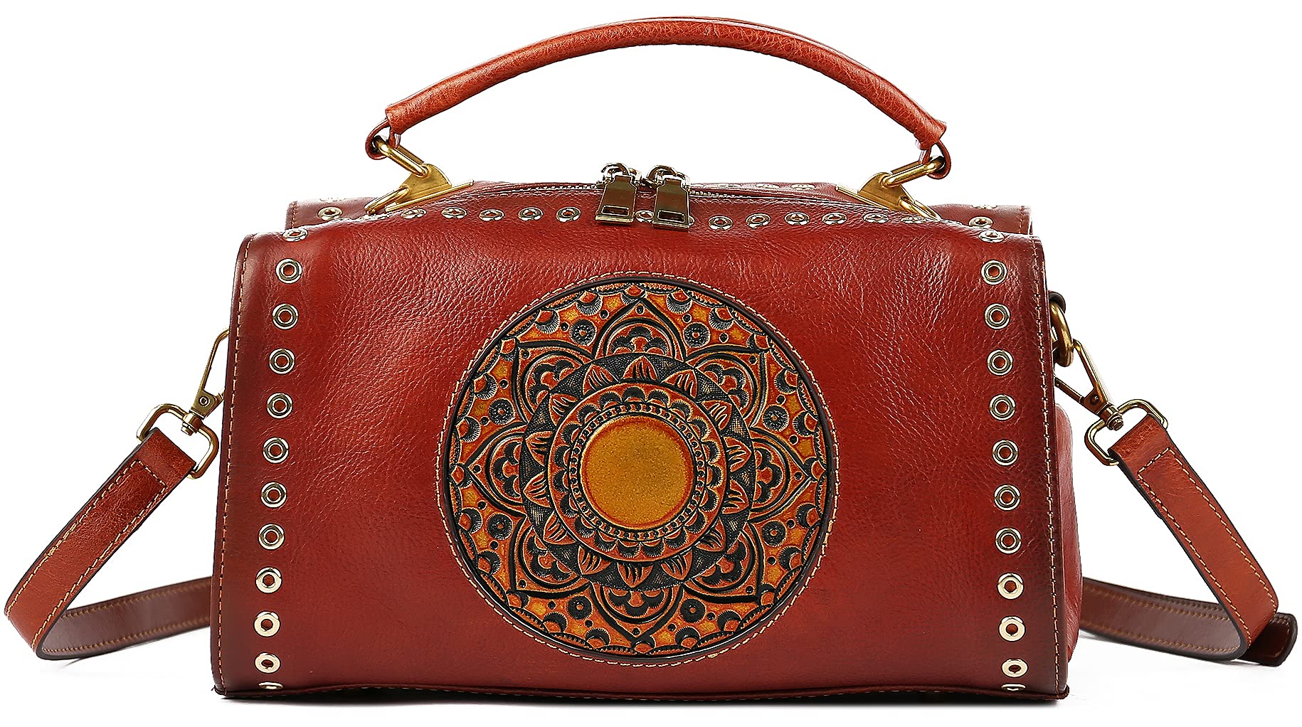 Genuine Leather Handbags for Women - Vintage Handmade Top Handle Satchel with Mandala Totem Design, Crossbody Purse | Perfect for Work, Travel & Everyday Use