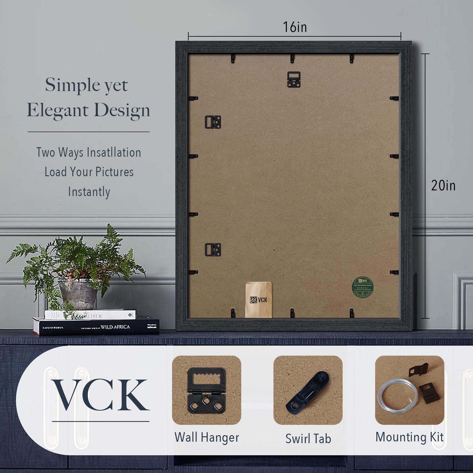 VCK 16x20 Picture Frames 3 Pack - Black Oak Solid Wood Wall Frames with Natural Wood Grain for Photos, Posters & Artwork - Perfect for Home Decor, Office Display & Gift Giving