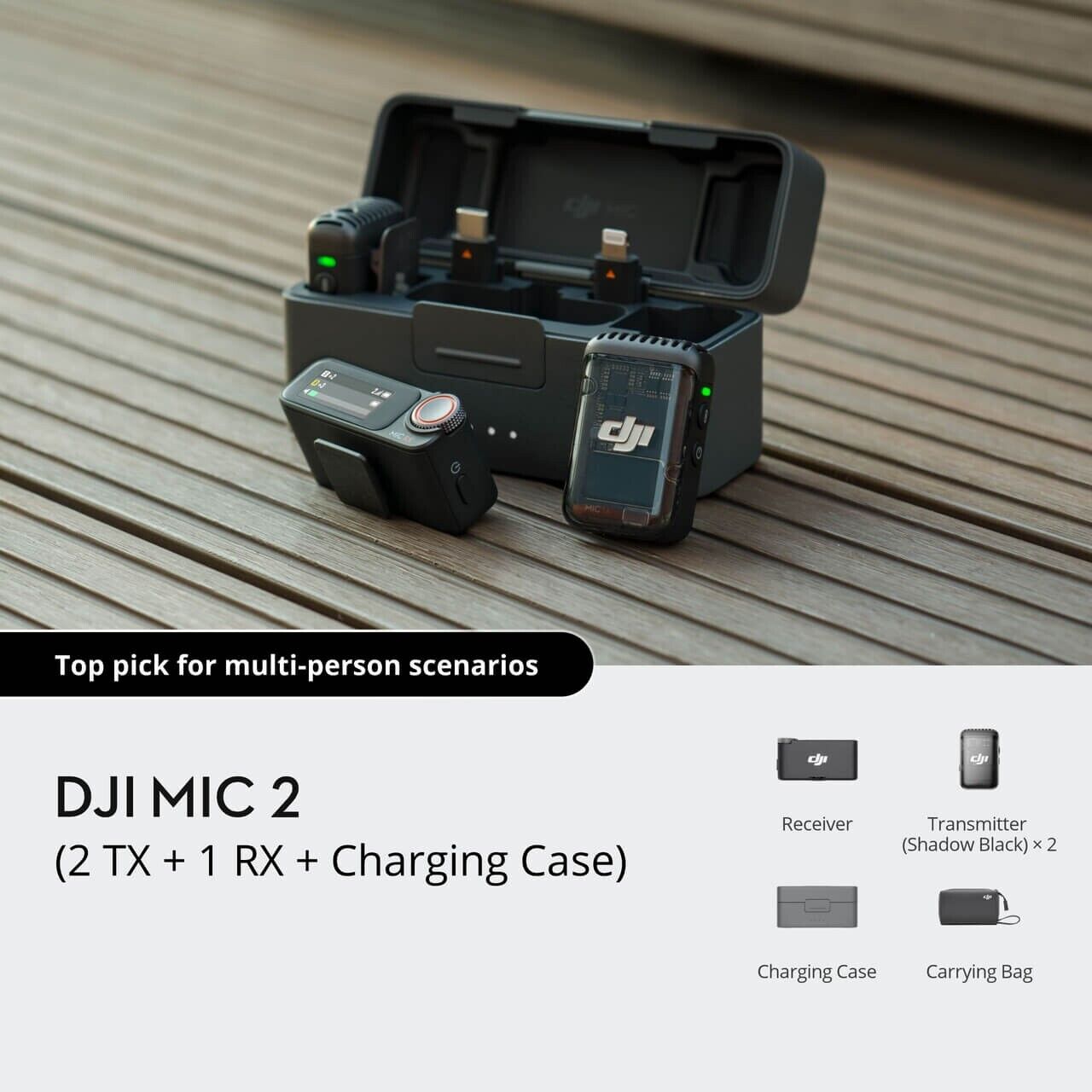 DJI Mic 2 Wireless Lavalier Microphone System (2 Transmitters + 1 Receiver + Charging Case) - FCC Certified for Professional Audio Recording, Vlogging, Interviews & Live Streaming