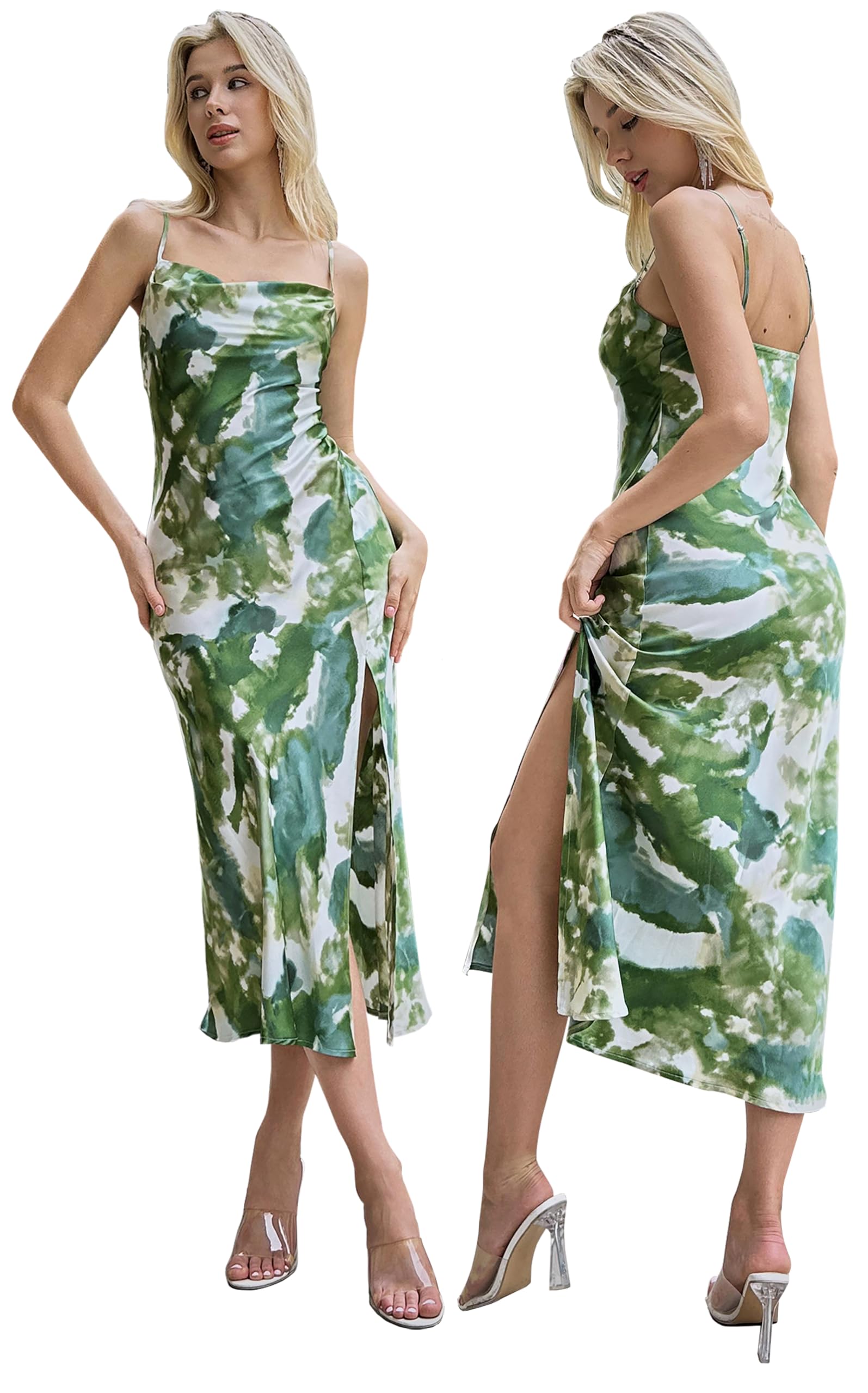 Elegant Spaghetti Strap Satin Slip Dress for Women - Wedding Guest, Cocktail Party & Formal Evening Wear | Midi Length Flowy Dress for Special Occasions