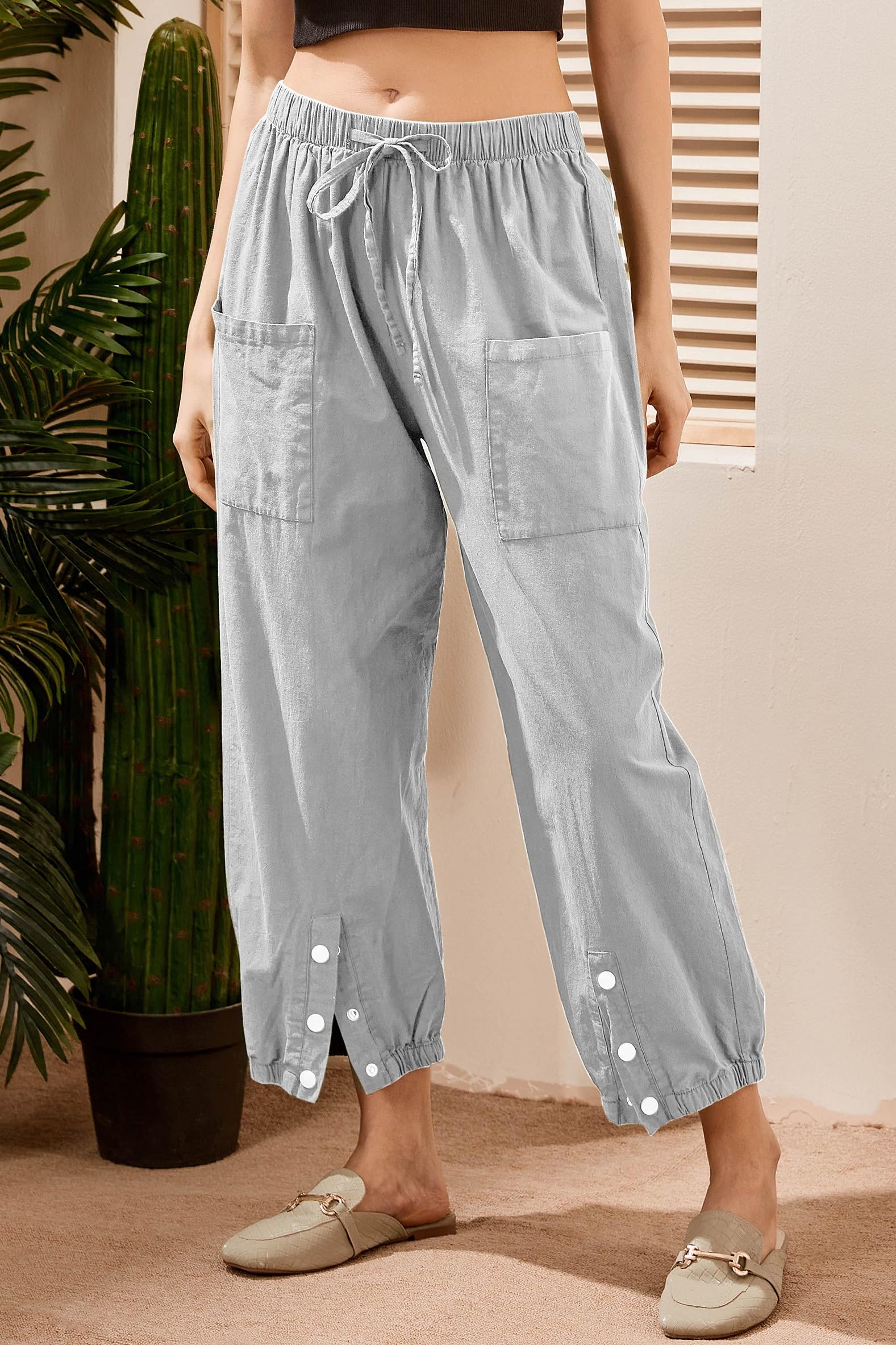 Women's Cropped Drawstring Waist Wide Leg Loose Cotton Linen Capri Pants - Comfortable Summer Casual Pants for Beach, Travel and Everyday Wear