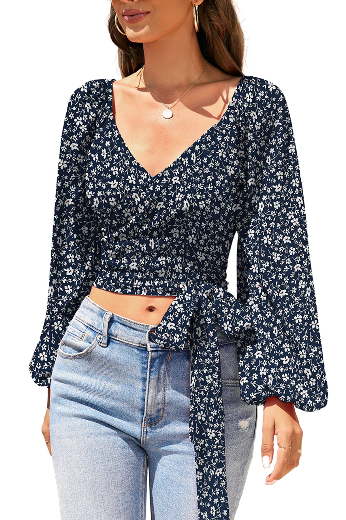 Women's Reversible Puff Sleeve Wrap Blouse - Off Shoulder V-Neck Long Sleeve Flowy Crop Top for Casual Wear & Date Night Outfits