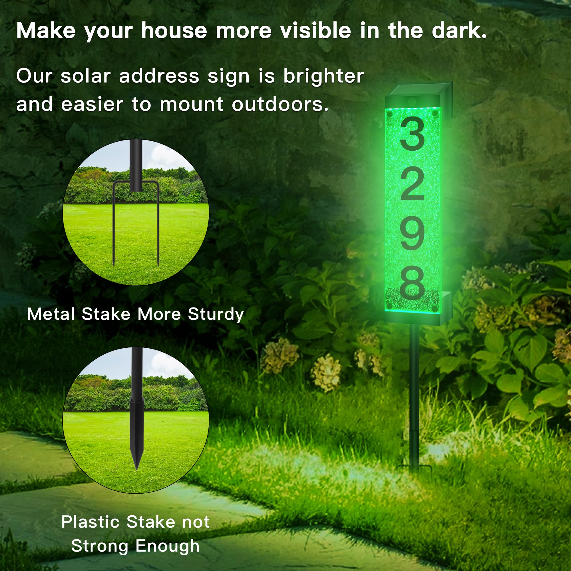 Solar Powered LED Illuminated House Numbers - Outdoor Address Sign with Acrylic Plaque & Iron Stakes (2 Pack) - Modern Lighted Home Street Yard Decor for Easy Nighttime Visibility