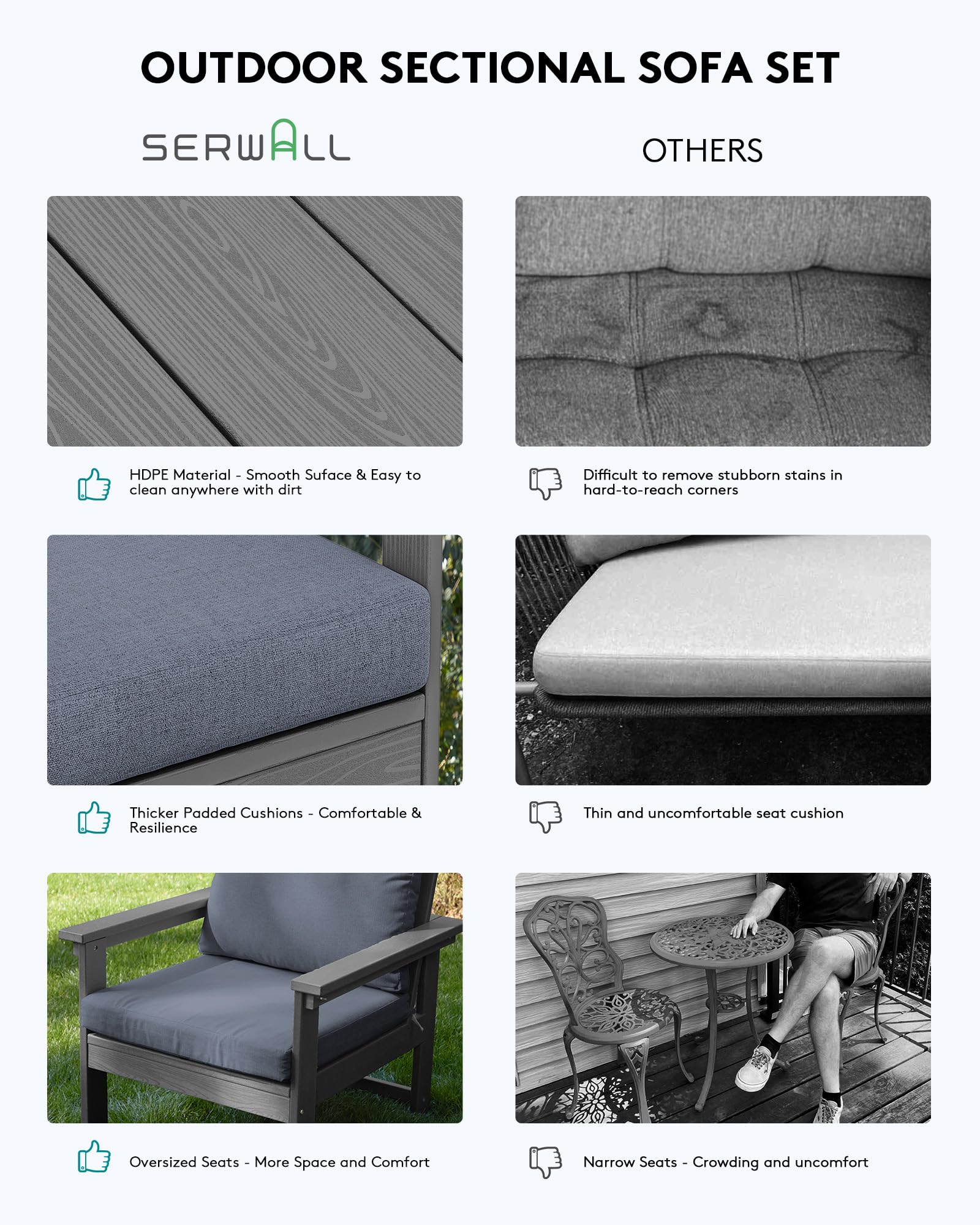SERWALL 6-Piece HDPE All-Weather Outdoor Patio Furniture Set - Grey Sectional Couch with Cushions for Deck, Garden, Backyard & Poolside Relaxation | Durable Conversation Set for Lawn, Porch & Outdoor Living Spaces