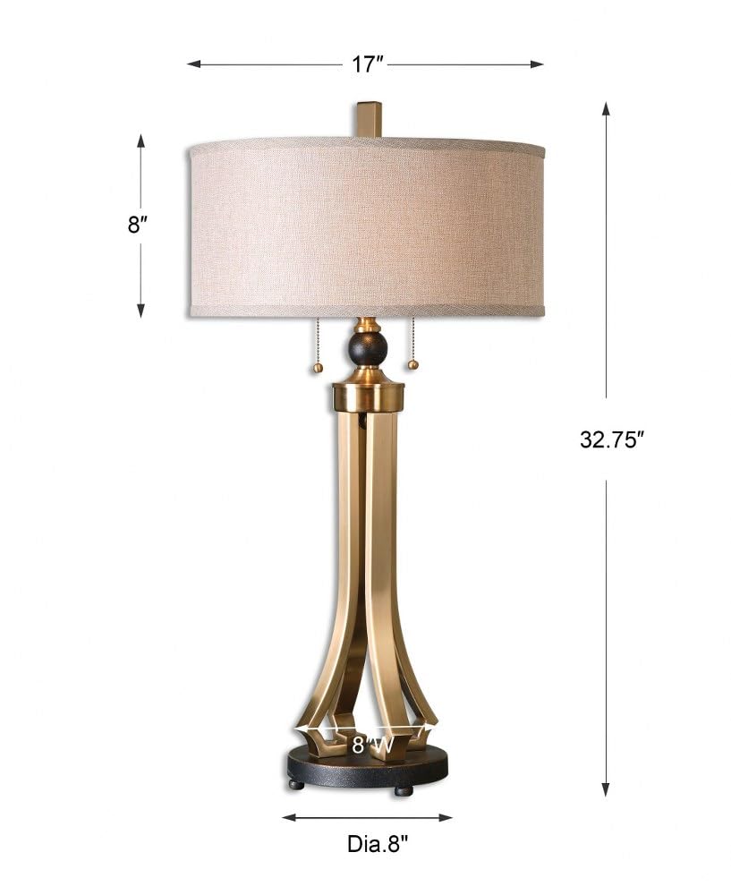 Brushed Brass Table Lamp with Beige Linen Drum Shade - 2 Light Tall Floor Lamp with On/Off Switch for Living Room, Bedroom, or Office Decor