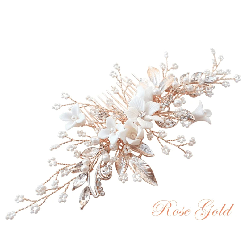 Elegant Rose Gold Floral Hair Comb with Crystals & Pearls - Perfect for Weddings, Prom & Special Occasions | Bridal Hair Accessories A1986