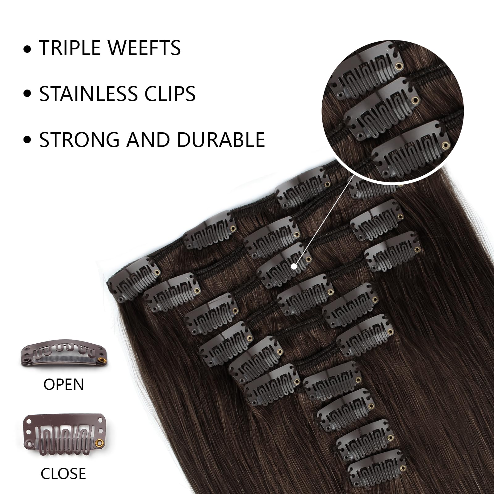 SixStar Clip In Hair Extensions 20 Inch Dark Brown - 180g Remy Human Hair Weft, Silky Straight Clip On Hair Extensions for Length & Volume | Perfect for Parties, Weddings & Everyday Styling