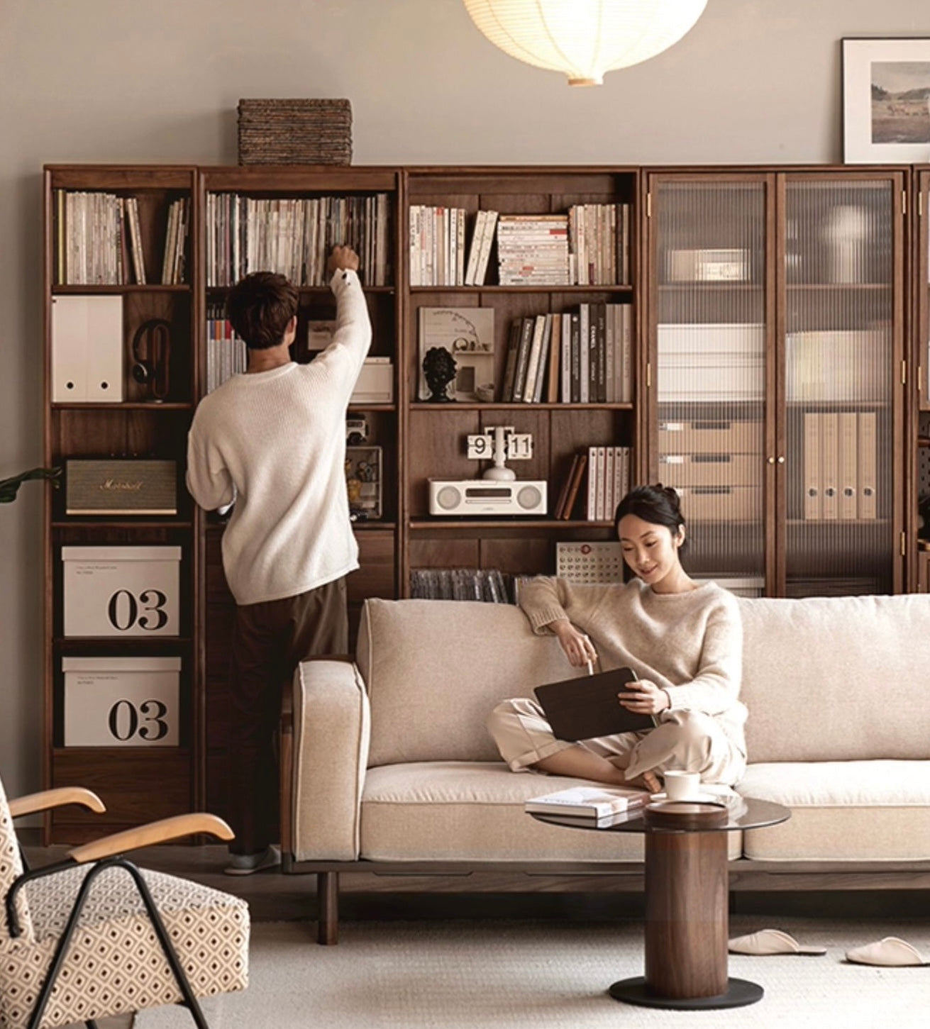 Solid Black Walnut Wood Bookcase with Glass Doors - Stylish Display & Storage Cabinet for Living Room, Office, or Library