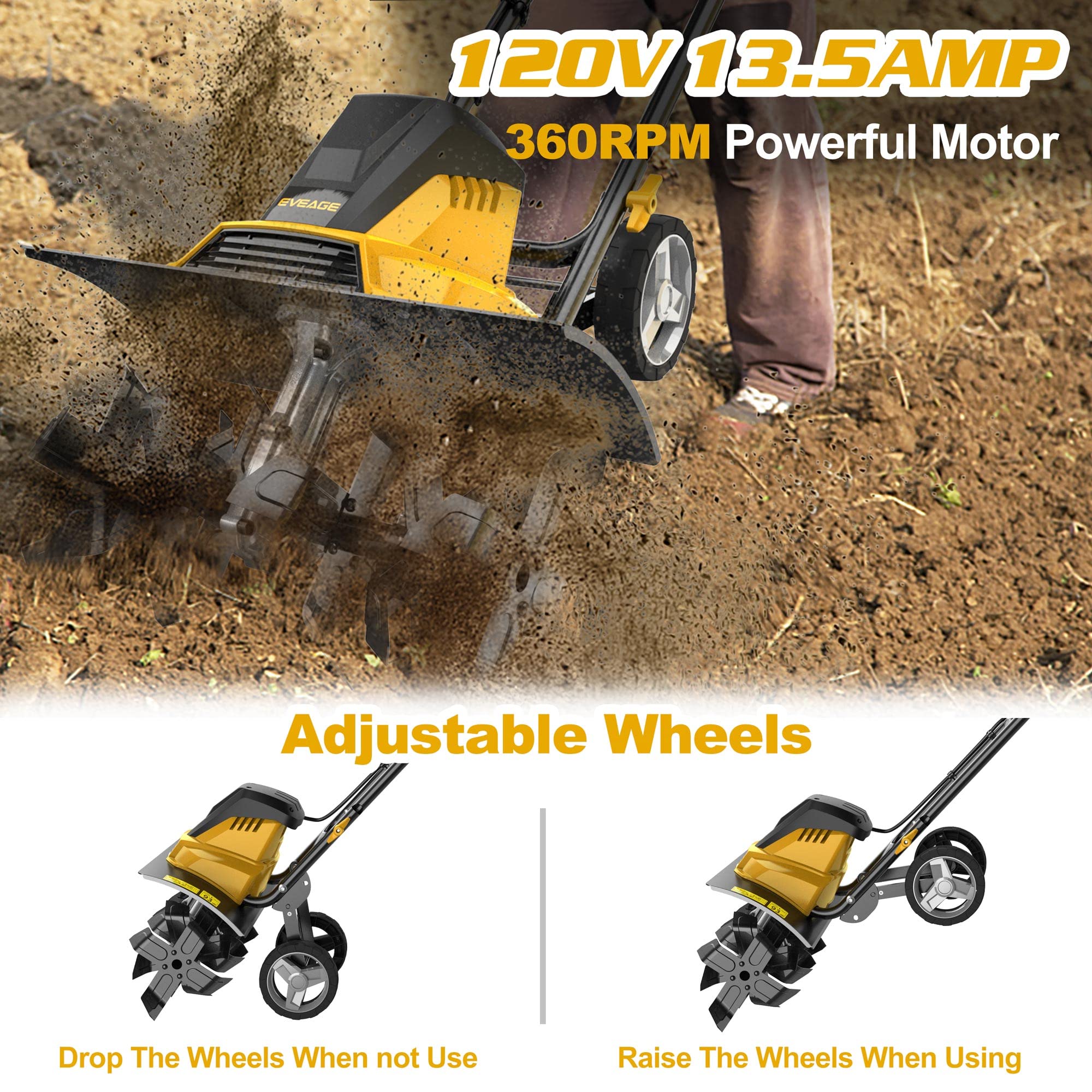 EVEAGE 18-Inch Electric Tiller & Cultivator - 13.5AMP Rototiller for Gardening, 4''-8'' Adjustable Tilling Depth with Foldable Handle - Perfect for Soil Preparation, Weed Control & Small Garden Beds