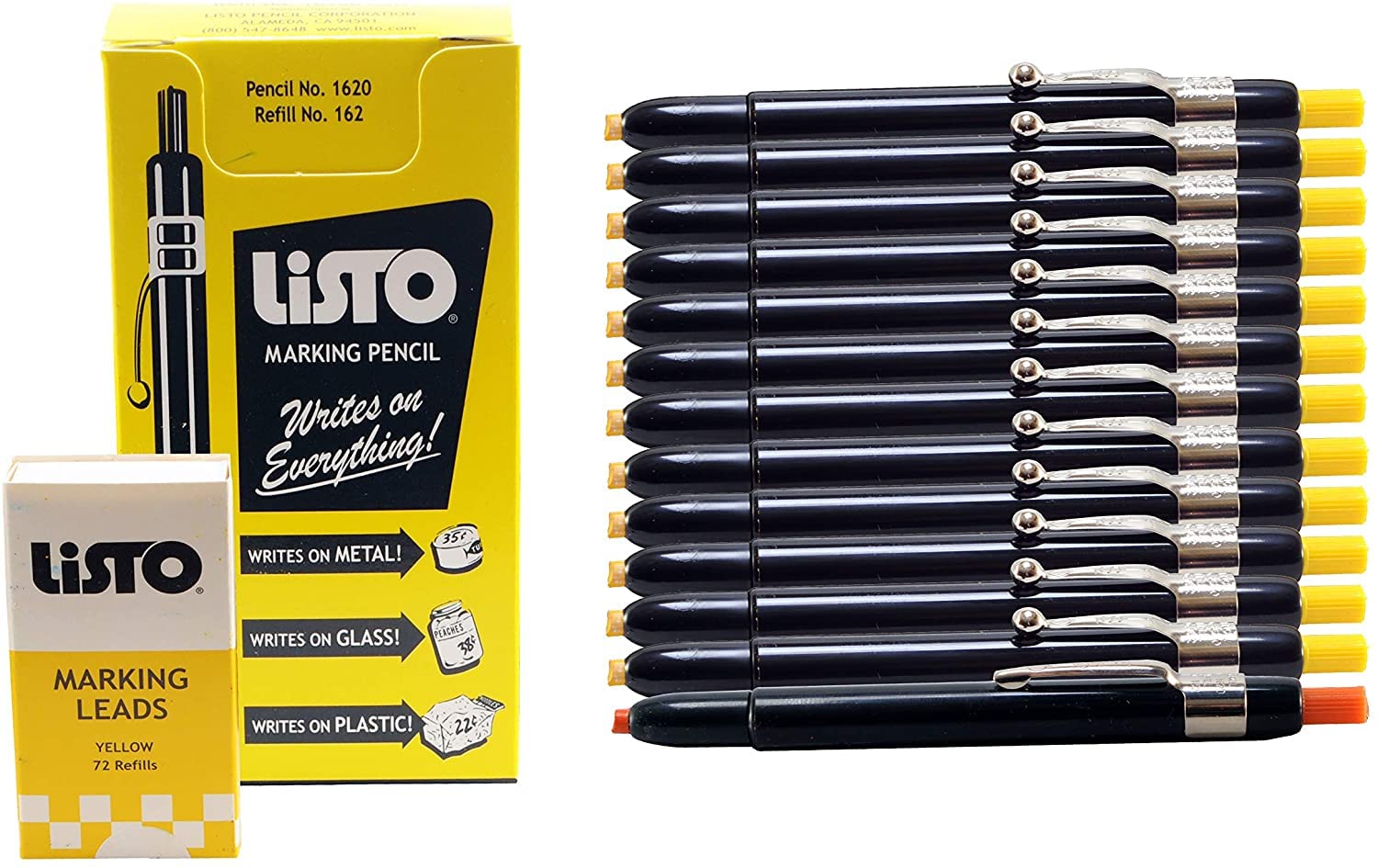 Listo 1620 & 162 Yellow China Marking Pencils Kit - 12 Wax Pencils with 72 Refill Leads for Wood, Metal & Glass Marking - Includes 1 Orange Pencil - Ideal for Construction, Carpentry & DIY Projects