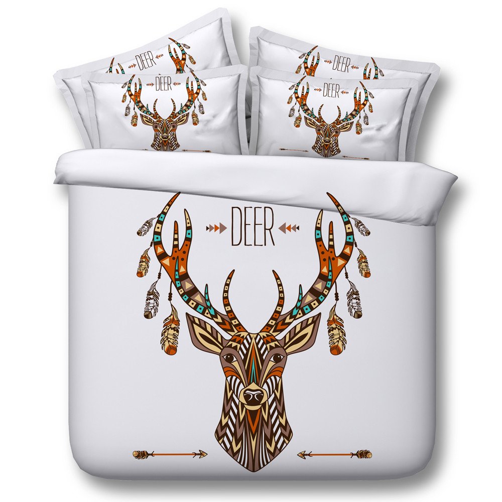 Newrara 3D Digital Printing Tencel Duvet Cover Set - Ethnic Deer Print 4-Piece Bedding (Full Size, White) | Soft & Breathable for Cozy Bedroom Decor