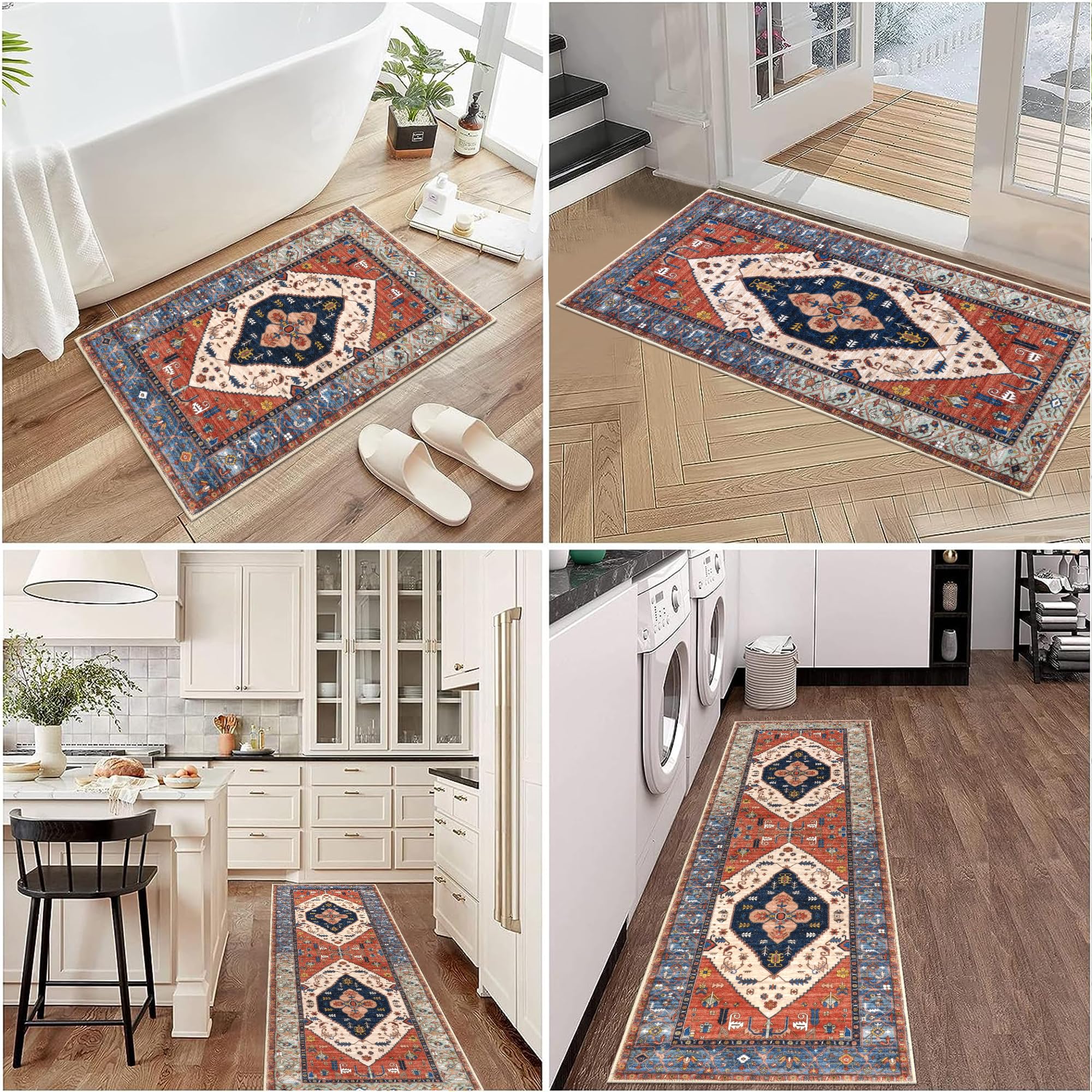 Pauwer Non-Slip Washable Kitchen Rugs Set of 3 - Farmhouse Boho Style Floor Mats for Kitchen, Sink, Hallway & Laundry Room | Rust Color | Perfect for High-Traffic Areas & Spill-Prone Spaces