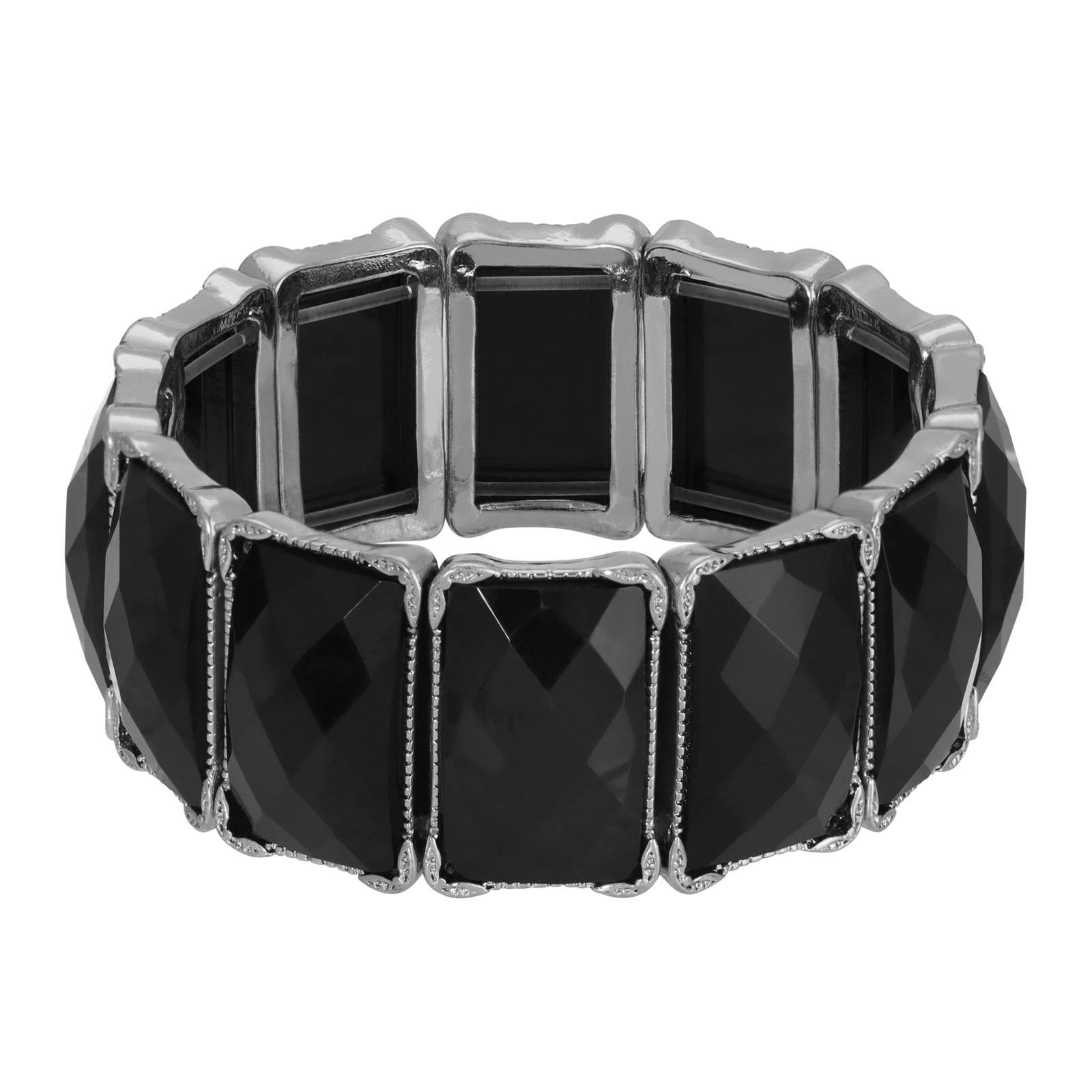 1928 Jet Black Rectangle Stretch Bracelet for Women - Elegant Fashion Jewelry for Parties, Weddings & Everyday Wear