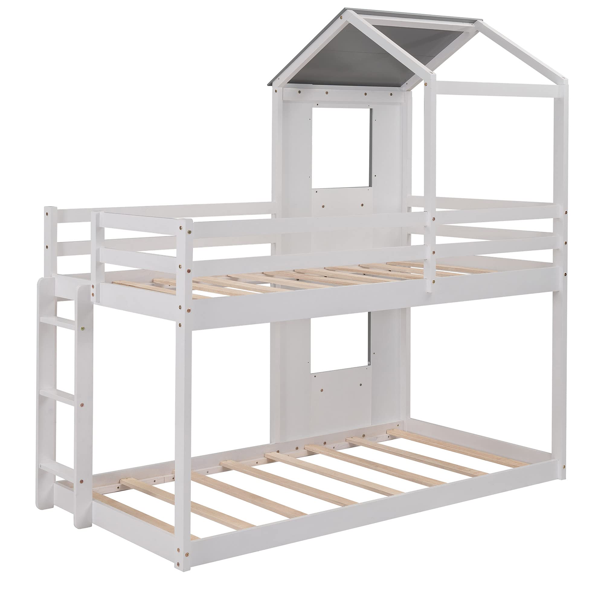 Twin Over Twin Bunk Bed with Roof - Solid Wood Kids Bunk Bed with Safety Guardrail, 2 Front Windows & Built-in Ladder - Perfect for Small Bedrooms, Shared Kids Rooms & Sleepovers (White)