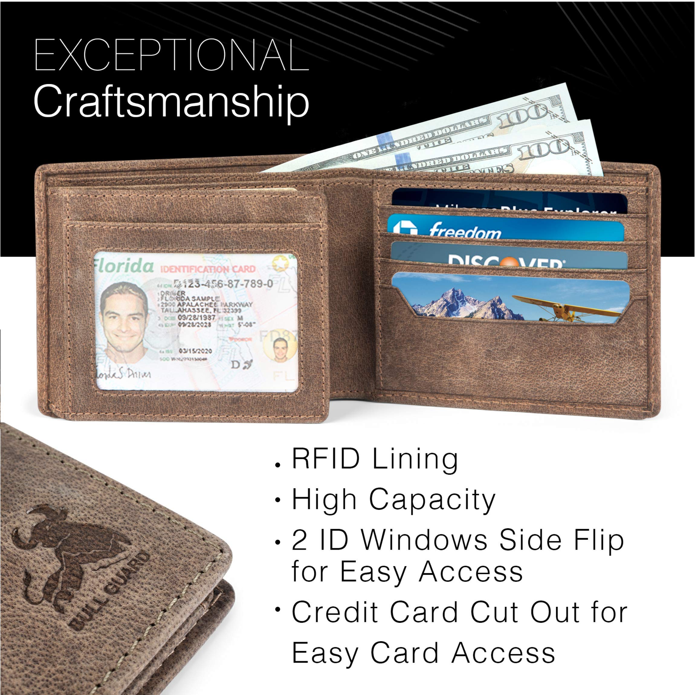 Premium BULL GUARD RFID Blocking Men's Leather Wallet - Slim Bifold Design with 2 ID Windows & 12 Card Slots - Genuine Full Grain Leather - Ideal for Travel, Business & Everyday Use