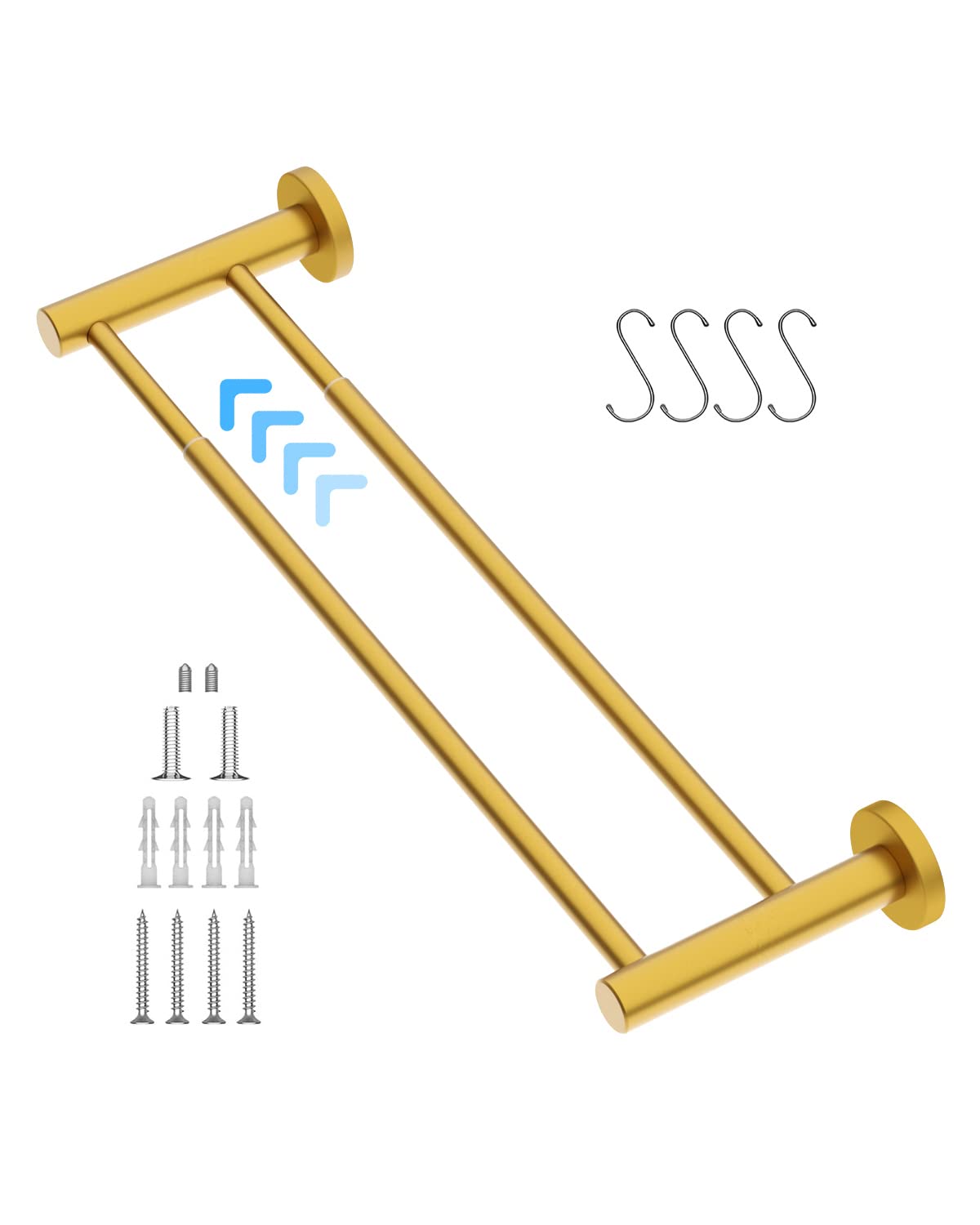 iMomwee 16-27.6 Inch Adjustable Double Towel Bar - Gold Brushed SUS304 Stainless Steel Wall Mounted Towel Holder for Bathroom, Kitchen & Washroom - 1