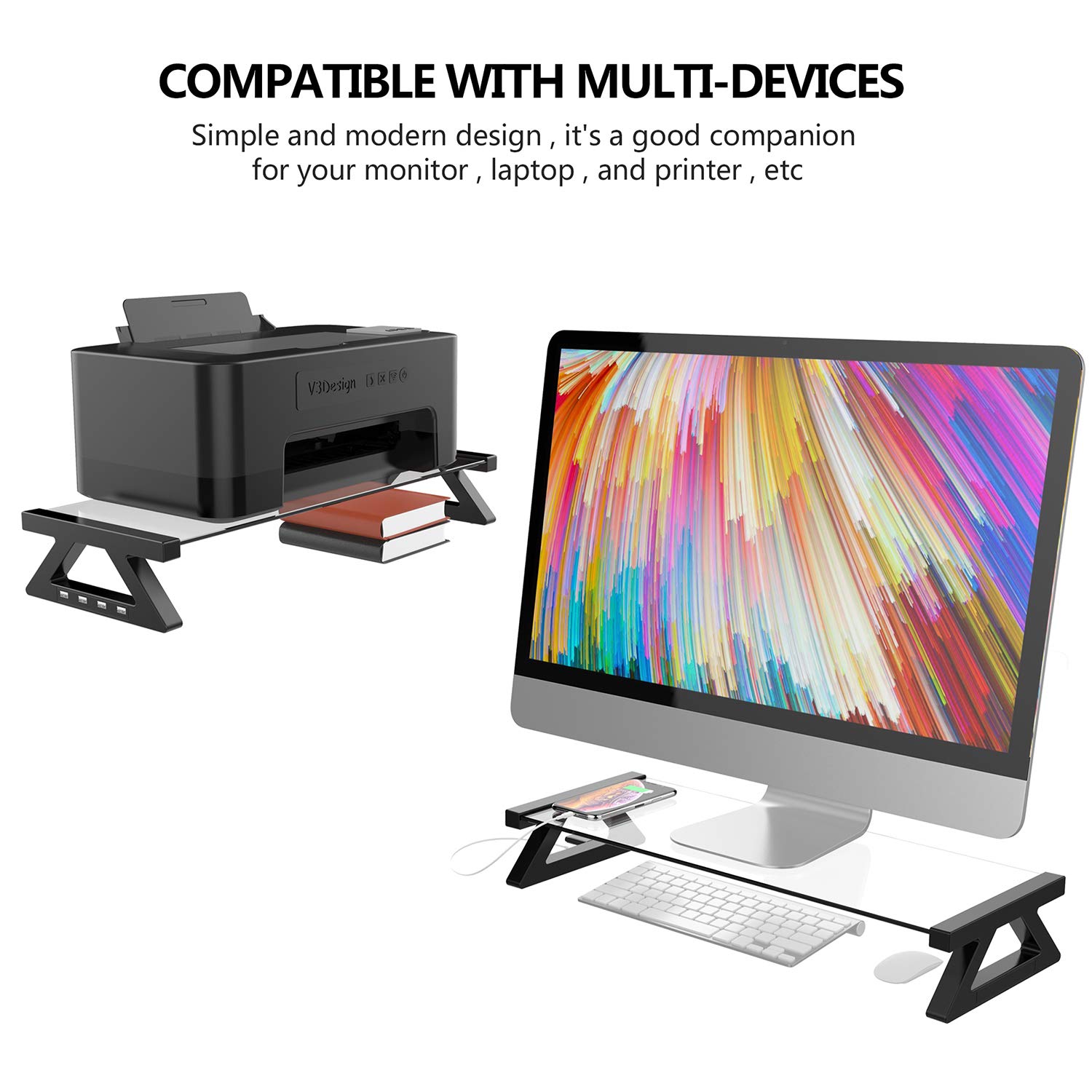 Yivandi Clear Tempered Glass Monitor Stand with USB Ports - 3-in-1 Adjustable Computer Riser for PC, iMac, MacBook & Printer - Perfect for Home Office, Gaming Setup & Workspace Organization