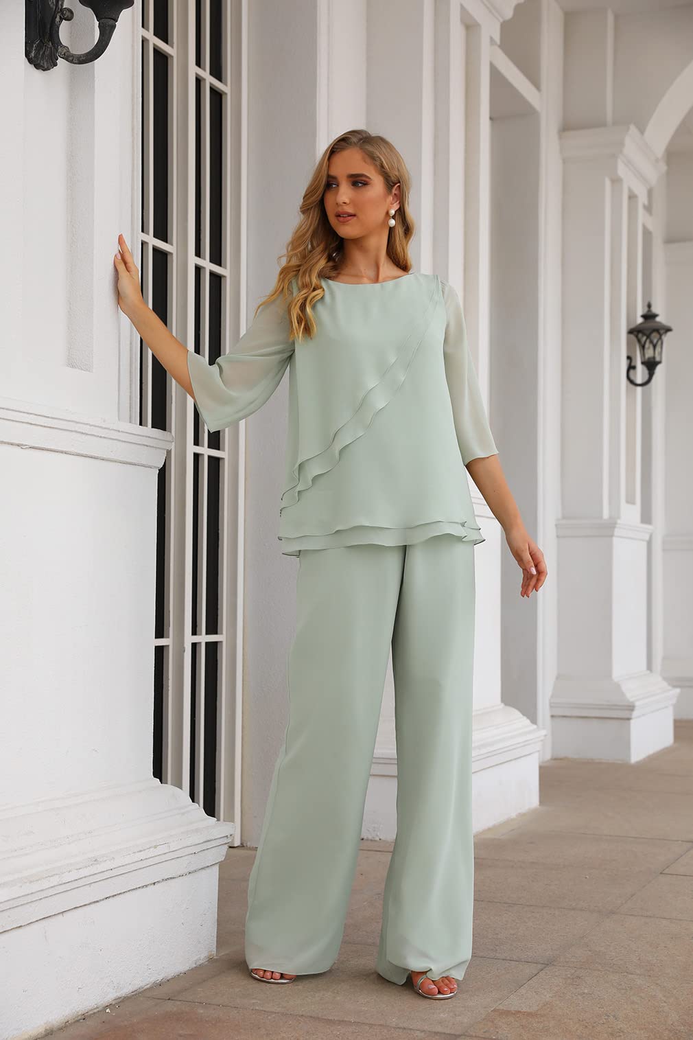 Elegant Women's 2-Piece Chiffon Half Sleeve Pant Suits for Mother of The Bride & Wedding Guests | Formal Occasion Outfit for Weddings, Parties & Special Events