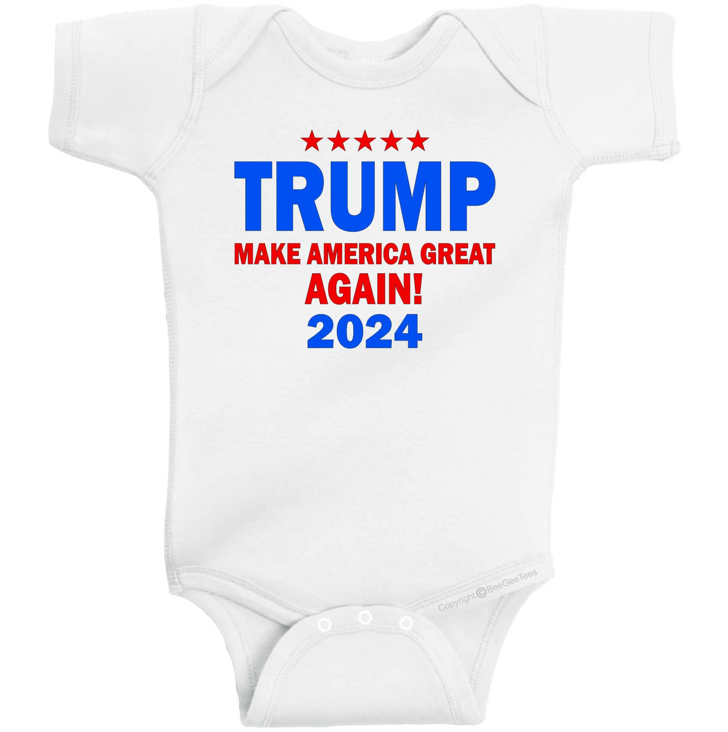 BeeGeeTees Keep America Great Donald Trump 2020 Baby Romper Bodysuit - Patriotic Newborn Outfit for Political Supporters & 4th of July Celebrations