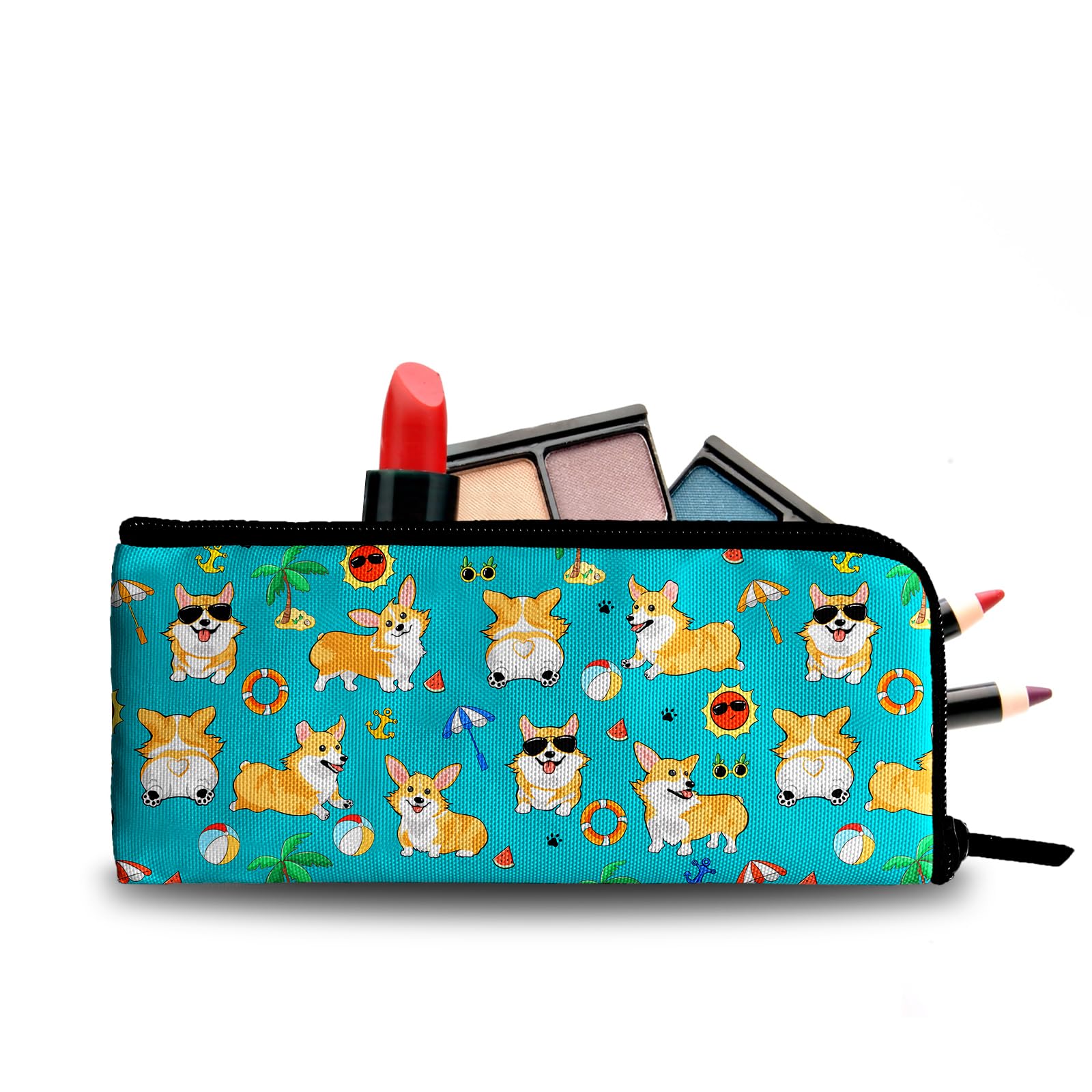 Funny Corgi Dogs Summer Pattern Makeup Bag & Pencil Case Set - Large Capacity Cosmetic Bag for Women, Travel Toiletry Organizer & Makeup Brushes Storage - Perfect for Vacation, Beach Trips & Daily Beauty Routine