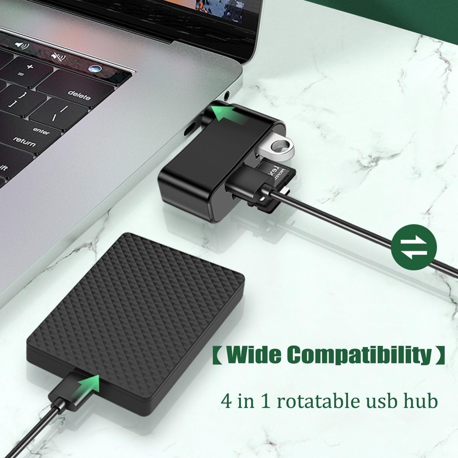 4-in-1 Rotatable USB C Hub with HDMI Adapter - 180° Swivel USB 2.0 Ports, TF/SD Card Reader - Compatible with MacBook, Laptops & External HDD | Perfect for Home Office, Travel & Multi-Device Connectivity (Black)