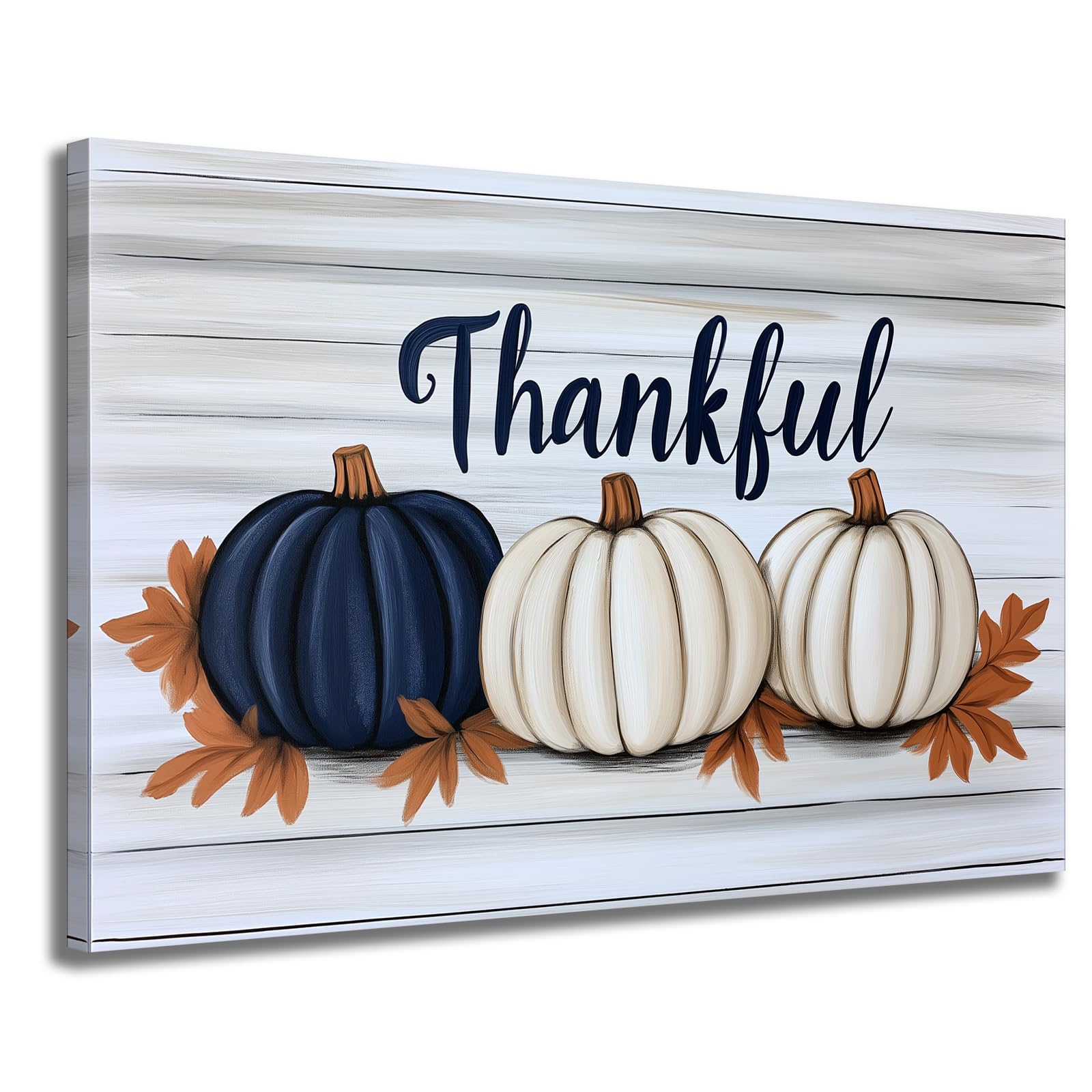 GLOKAKA Rustic Farmhouse Pumpkin Canvas Wall Art - Fall Thanksgiving Decor with White Wooden Background & Three Pumpkins - Ready to Hang Harvest Themed Wall Hanging for Living Room, Dining Room, or Porch
