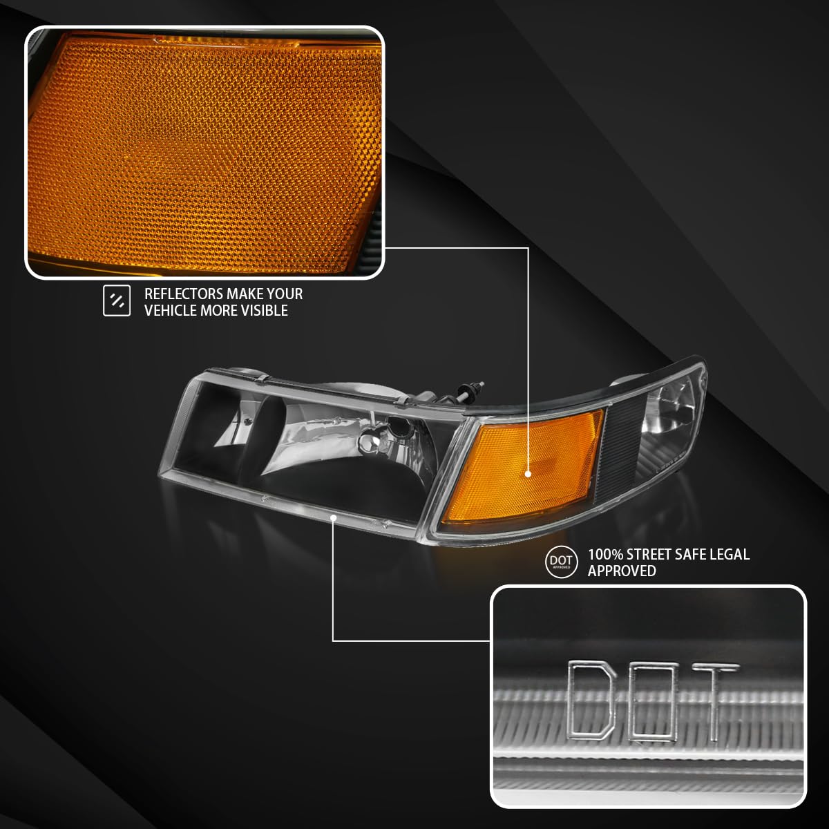 AUTOZENSATION Black Housing Clear Lens Headlights & Corner Lights Pair Compatible with 1998-2002 Mercury Grand Marquis - Left & Right Side Replacement for Improved Night Driving Visibility
