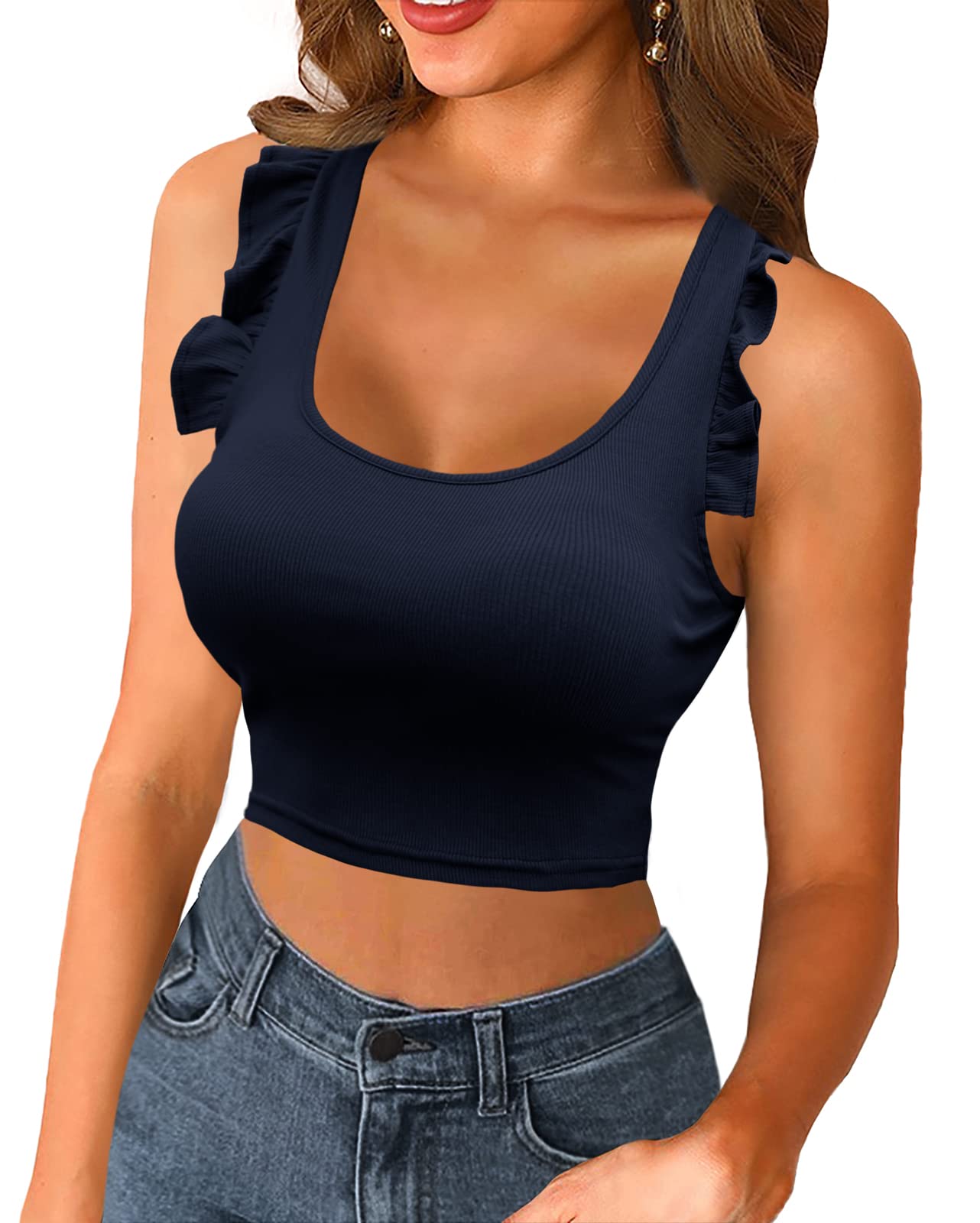 Turkiya Women's Summer Crop Tops - Ribbed Ruffled Sexy Sleeveless Casual Cami Shirts | Perfect for Beach Outfits, Music Festivals & Night Out