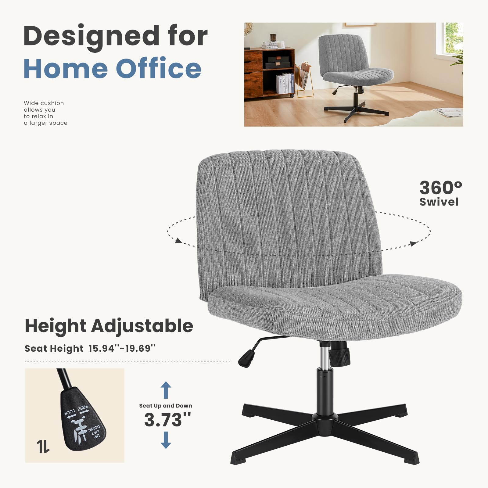 DUMOS Criss Cross Legged Office Chair - Armless Wide Seat Swivel Chair with Height Adjustment, Modern Fabric Desk Chair for Home Office, Bedroom & Vanity Use - No Wheels Design