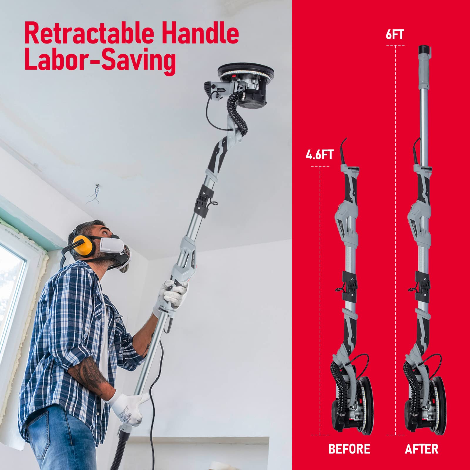 800W Electric Drywall Sander with Auto Dust Removal - Variable Speed 800-1800RPM, LED Light, Extendable Handle & 12 Sanding Discs - Perfect for Wall Repair, Ceiling Smoothing and DIY Home Renovation Projects