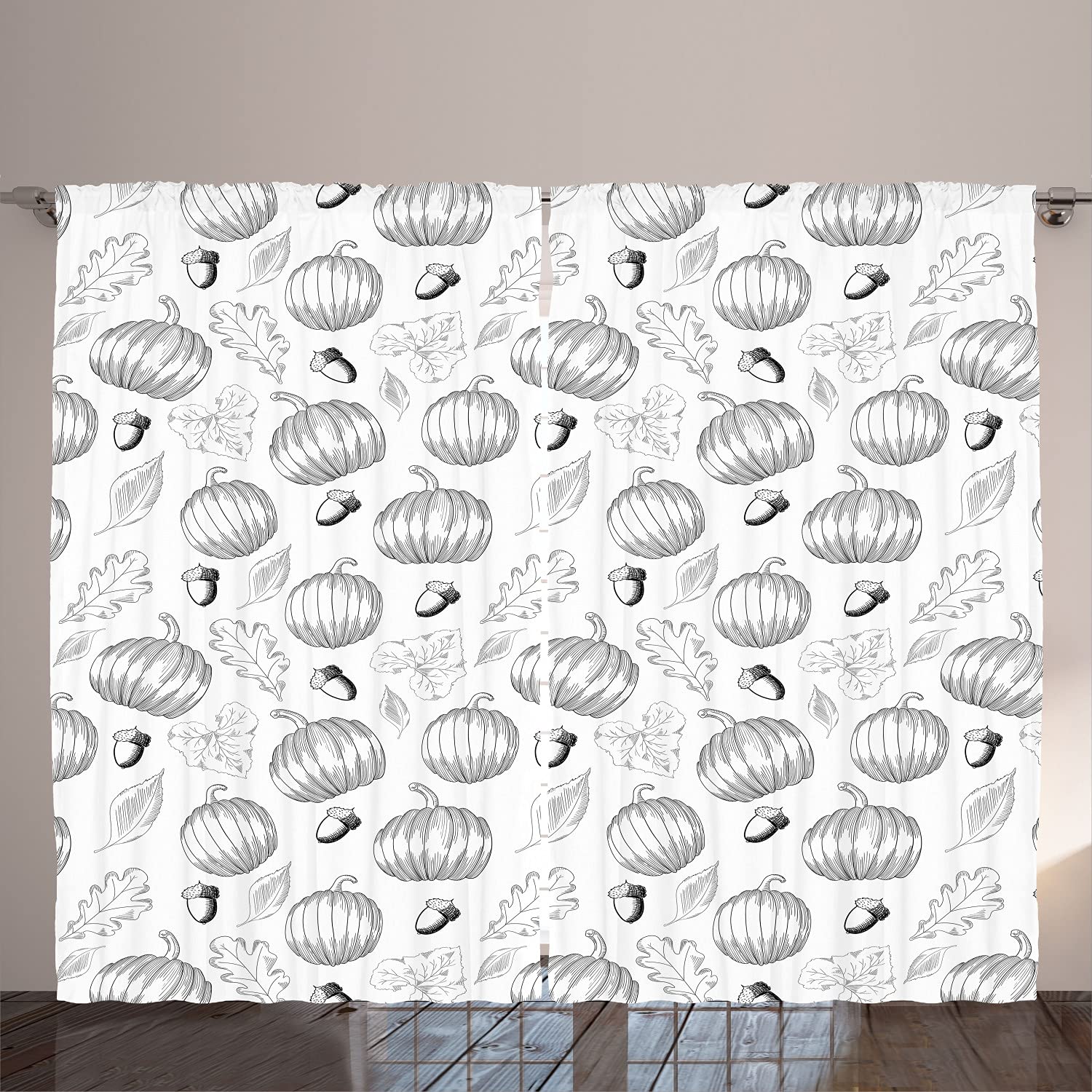 Ambesonne Pumpkin & Maple Leaves Curtains - Autumn Acorn Floral Monochrome Seasonal Print Window Drapes for Living Room & Bedroom - 2 Panel Set (108
