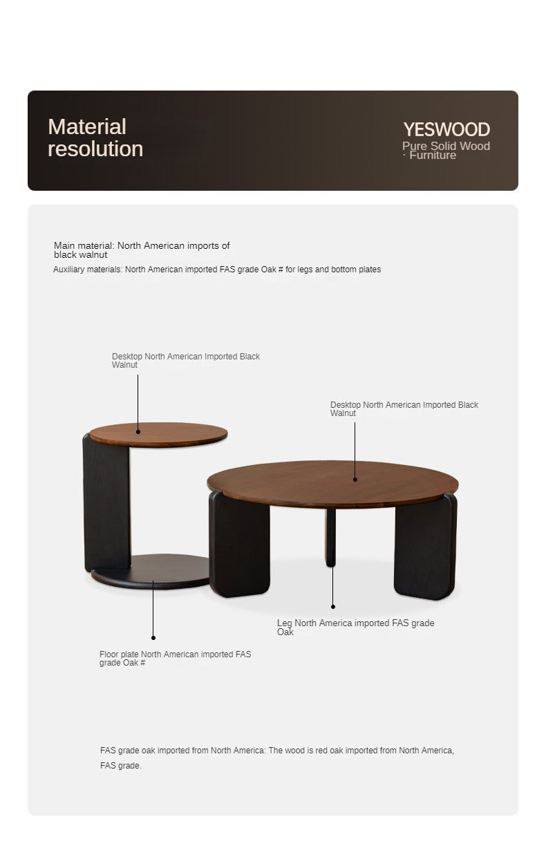Solid Black Walnut Round Coffee Table - Italian Light Luxury Style for Living Room, Lounge & Office Decor