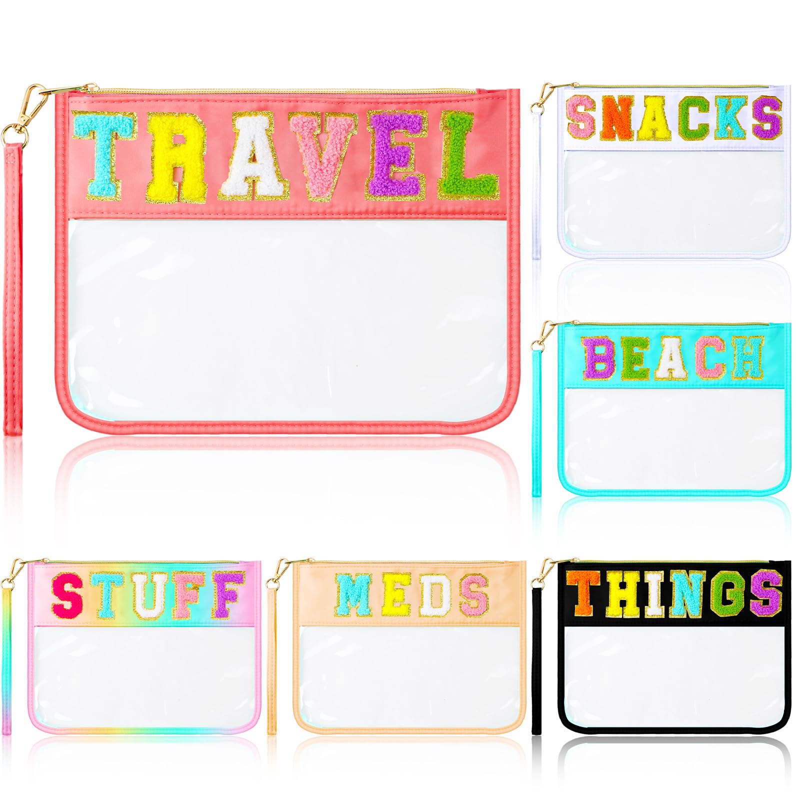 6 Pack Chenille Letter Clear Zipper Pouch - Waterproof Cosmetic & Makeup Bag for Women - Travel, Gym, Beach Essentials Organizer - Hawaii Vacation Accessories - 6 Stylish Colors (Pink, Blue, Purple, Green, Yellow, Red) - Perfect for School, Work, Parties & Daily Use