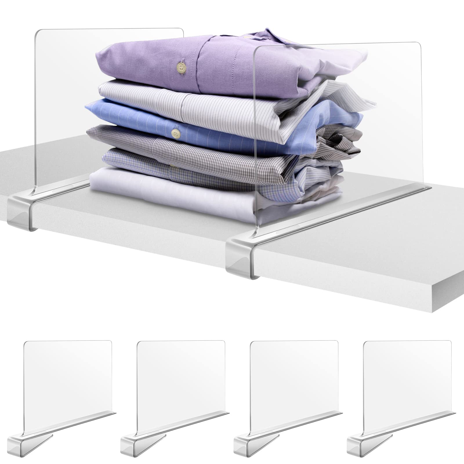 Clear Acrylic Shelf Dividers for Closet Organization - 4 Pack Fits 0.4-1 Inch Shelves | Wooden Shelf Organizers & Storage Solutions | Perfect for Pantry, Bathroom, and Wardrobe Closet Organization