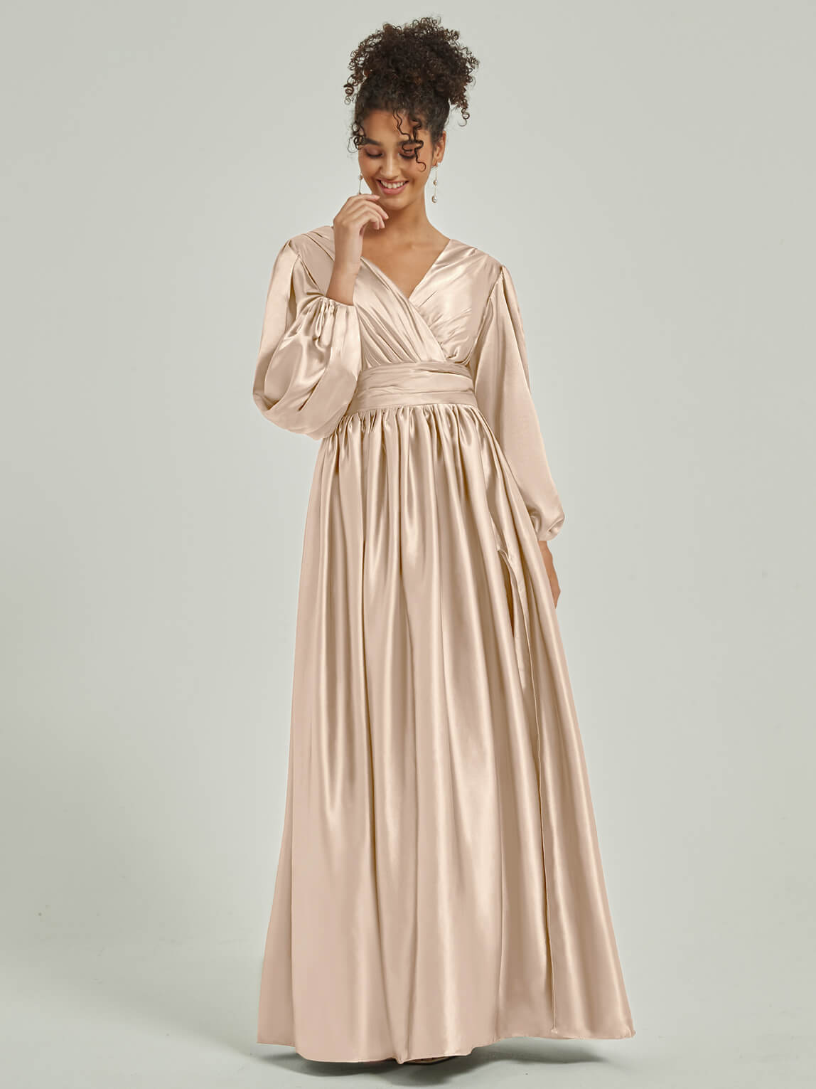 Elegant Champagne Satin Bridesmaid Dress with 3/4 Sleeves, V-Neck & Pleated Skirt - Perfect for Weddings, Formal Events & Special Occasions