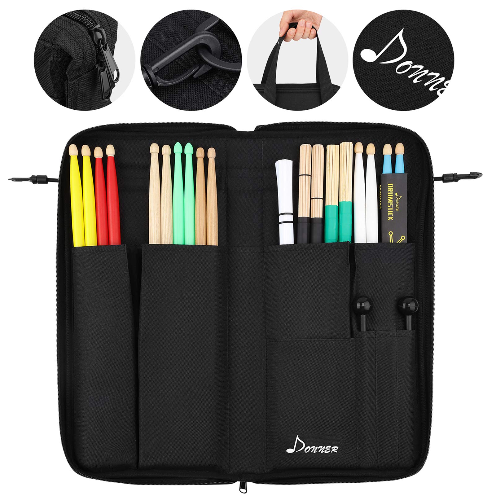 **Donner Drumsticks Bag Holder - Thickened Large Capacity Hangable Drum Stick Bag for Drumsticks, Brushes & Mallets (Holds Up to 12 Pairs) - Black | Portable & Durable for Drummers, Band Practice & Live Performances**
