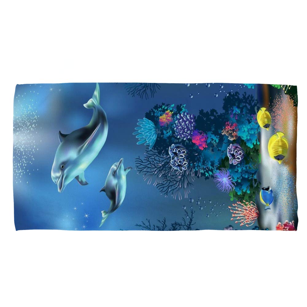 Premium Terry Cotton Face Towels & Washcloths - Soft, Quick Dry 30x15 Inch - Underwater World Dolphins & Plants Design - Perfect for Bath, Spa, Kitchen & Home Decor - Great Gift Idea