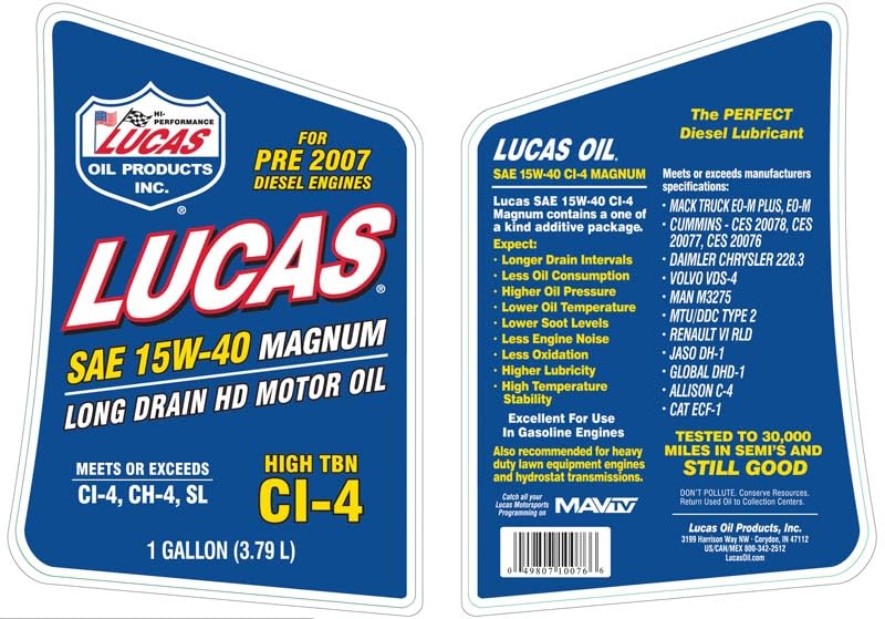 Lucas Oil 10076-PK4 15W-40 Magnum High TBN Diesel Engine Oil - 1 Gallon Jug (Pack of 4) | Heavy Duty Truck & Fleet Vehicle Protection | Ideal for Long-Haul, Towing & High-Mileage Engines