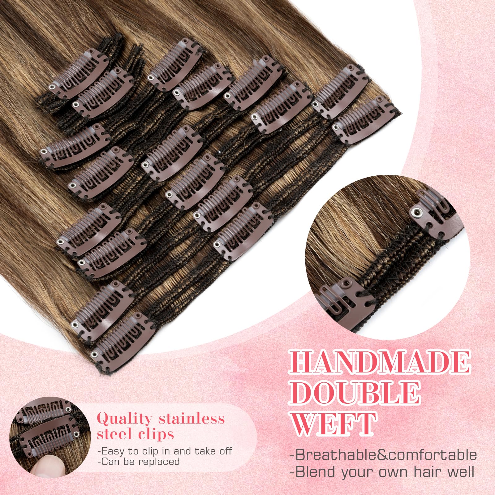18 Inch Clip in Human Hair Extensions - 8pcs 140g Double Weft Real Human Hair in Medium Brown/Dark Blonde Balayage (#4P27) for Volume & Length - Perfect for Parties, Weddings & Daily Styling